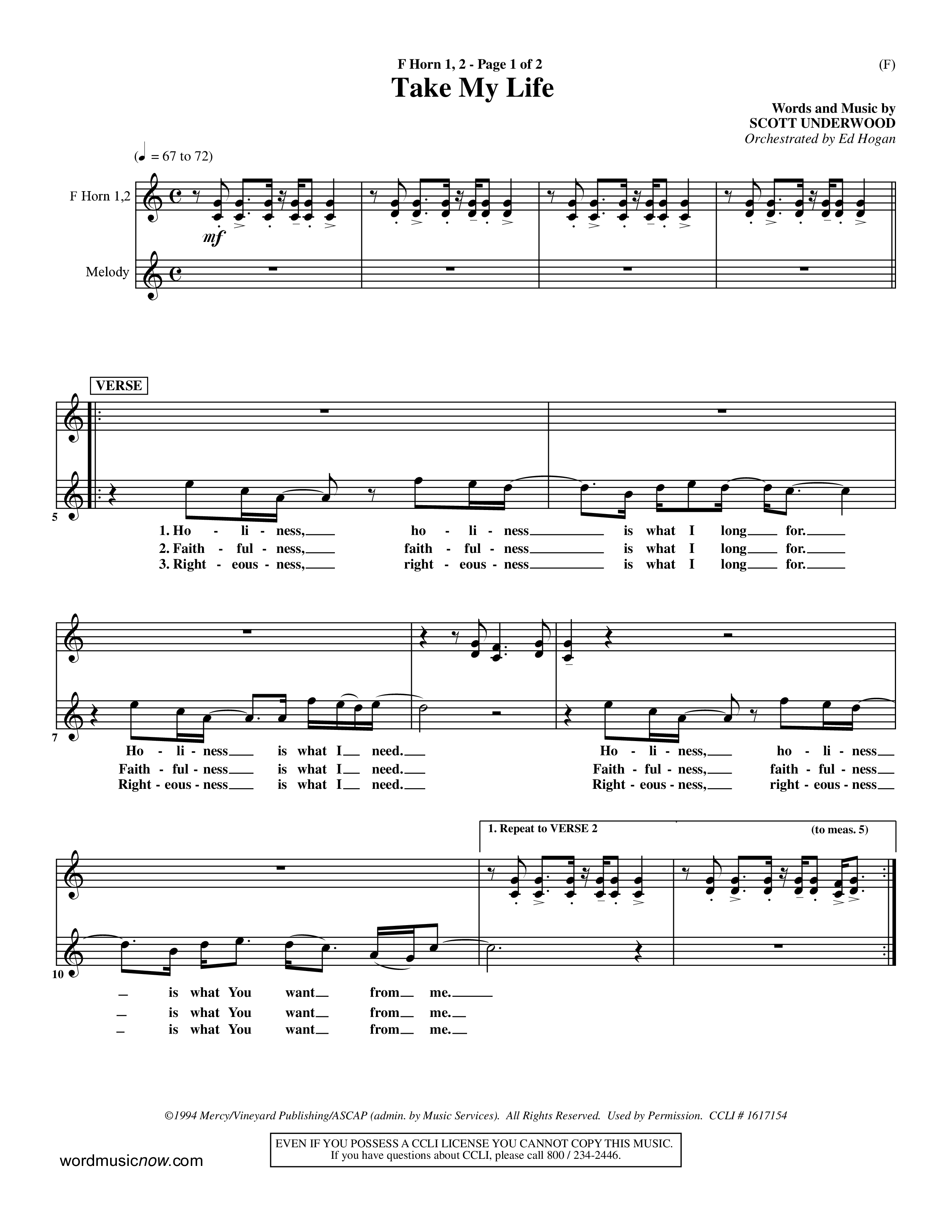 Take My Life (Choral Anthem SATB) French Horn (Word Music Choral / Orch. Ed Hogan)