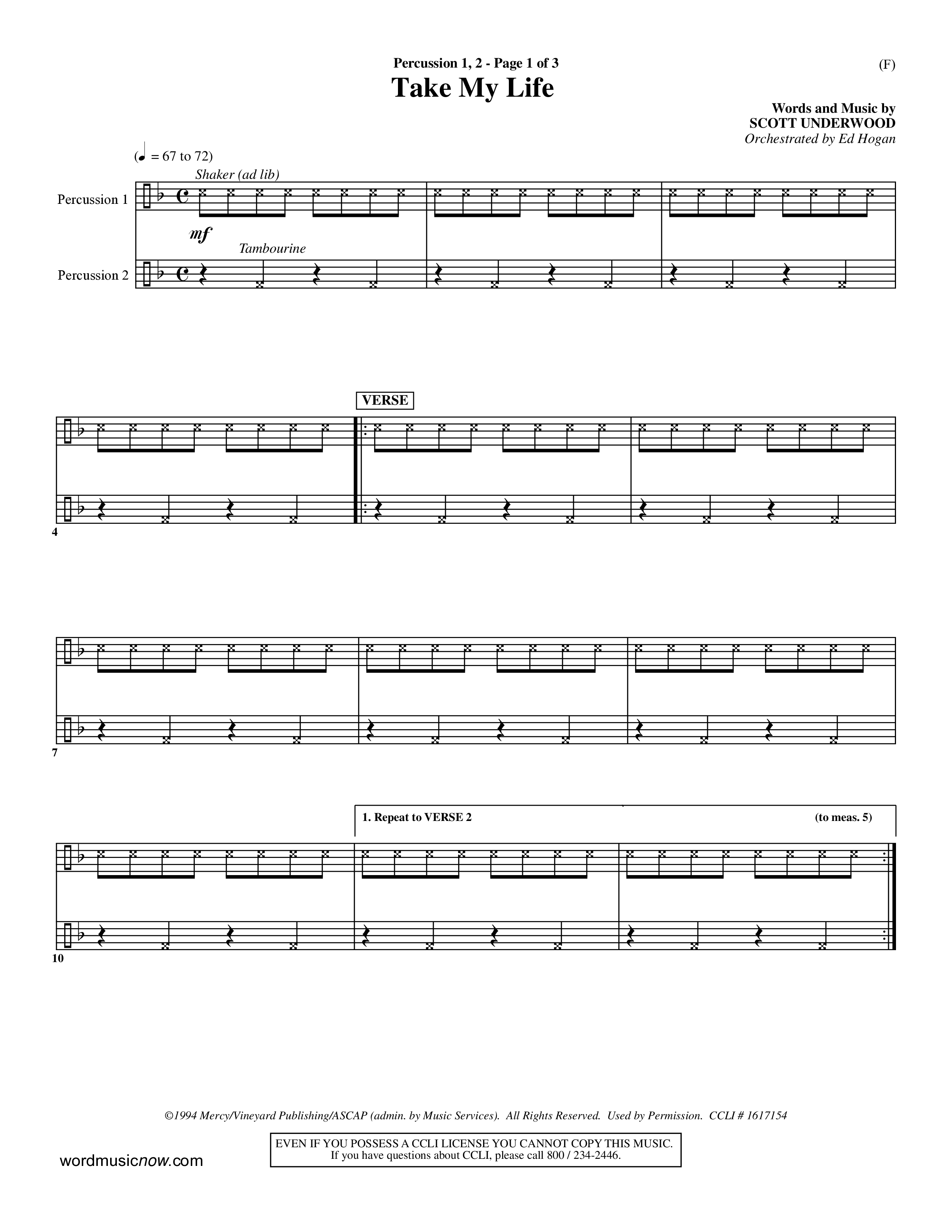 Take My Life (Choral Anthem SATB) Percussion 1/2 (Word Music Choral / Orch. Ed Hogan)