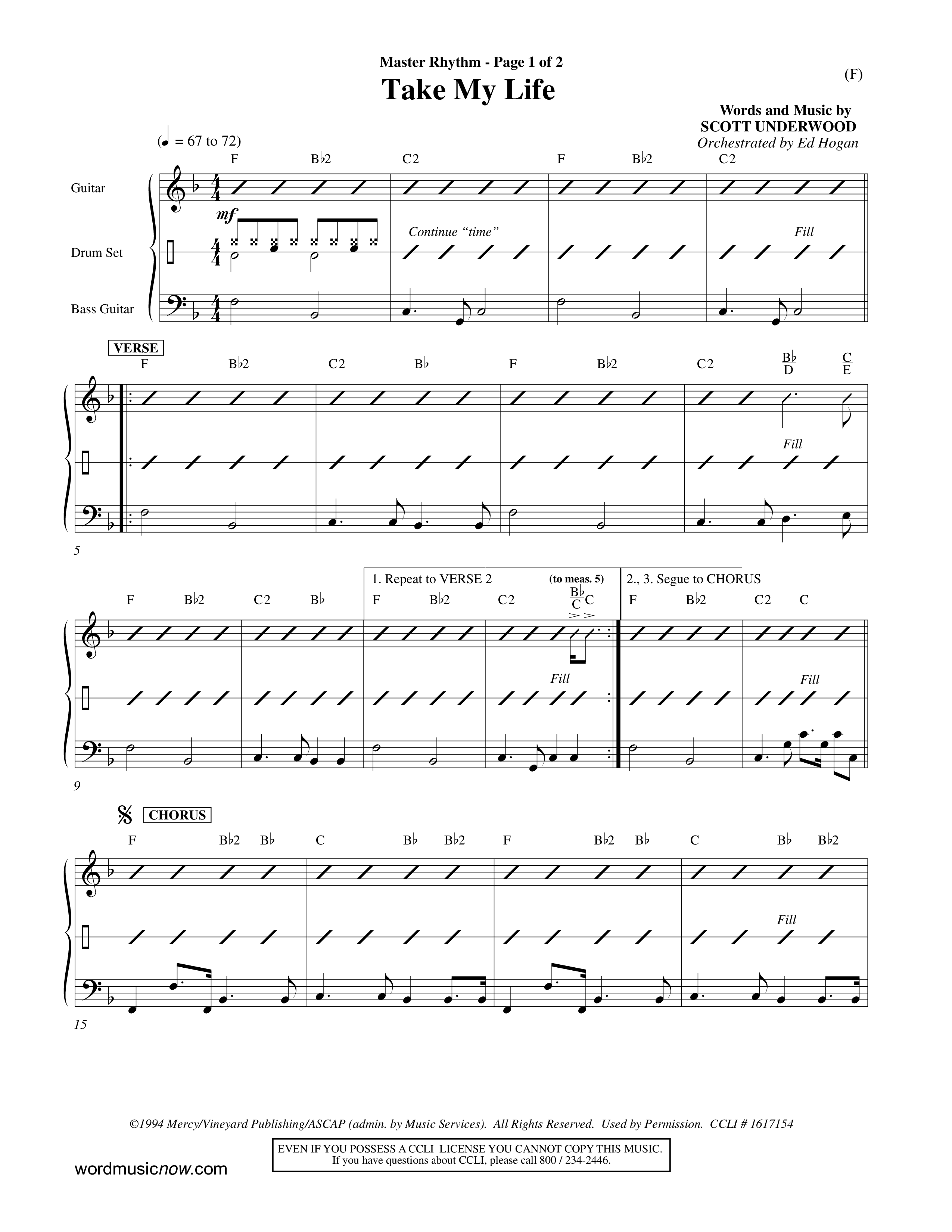 Take My Life (Choral Anthem SATB) Rhythm Chart (Word Music Choral / Orch. Ed Hogan)