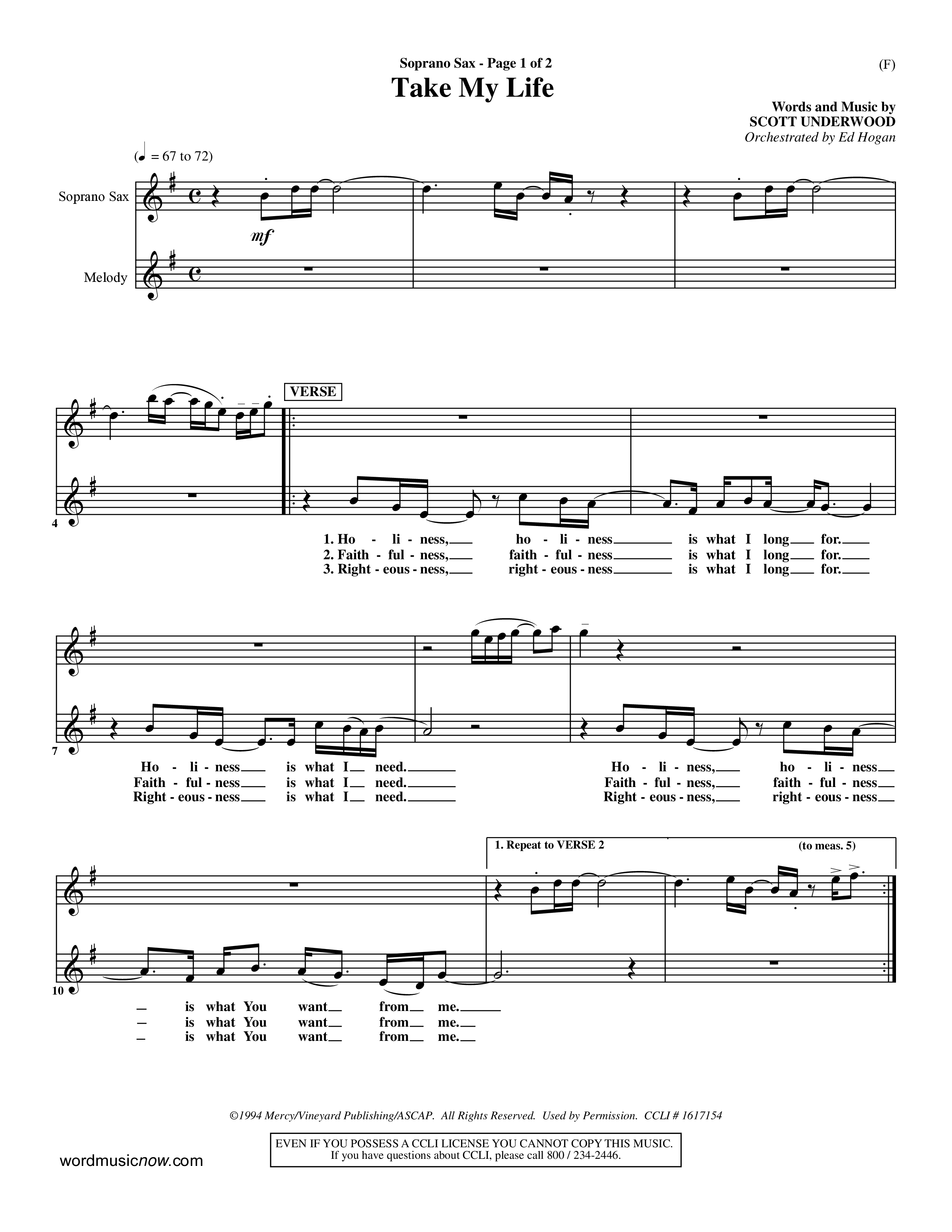 Take My Life (Choral Anthem SATB) Saxophone (Word Music Choral / Orch. Ed Hogan)