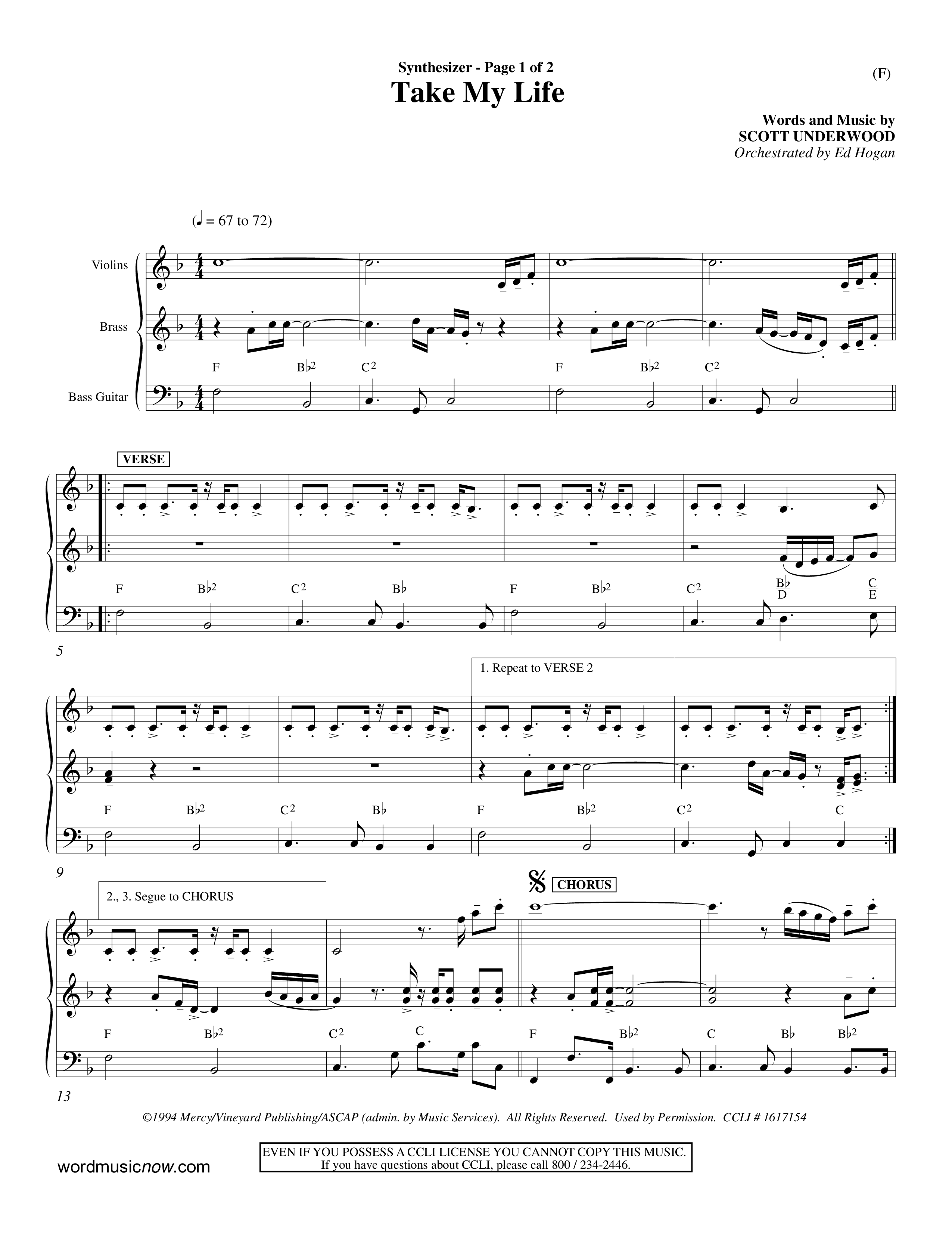 Take My Life (Choral Anthem SATB) Synth (Word Music Choral / Orch. Ed Hogan)
