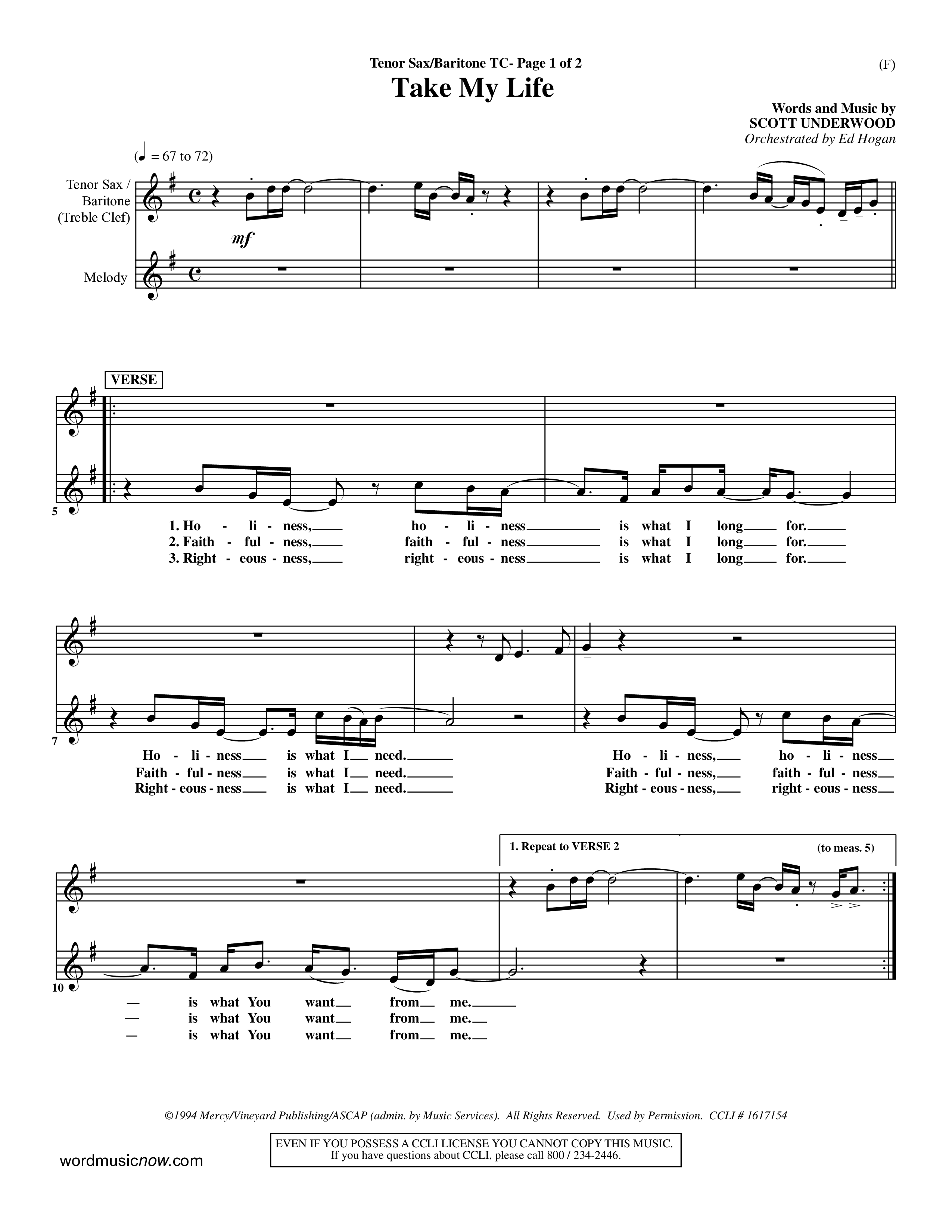 Take My Life (Choral Anthem SATB) Tenor Sax/Baritone T.C. (Word Music Choral / Orch. Ed Hogan)