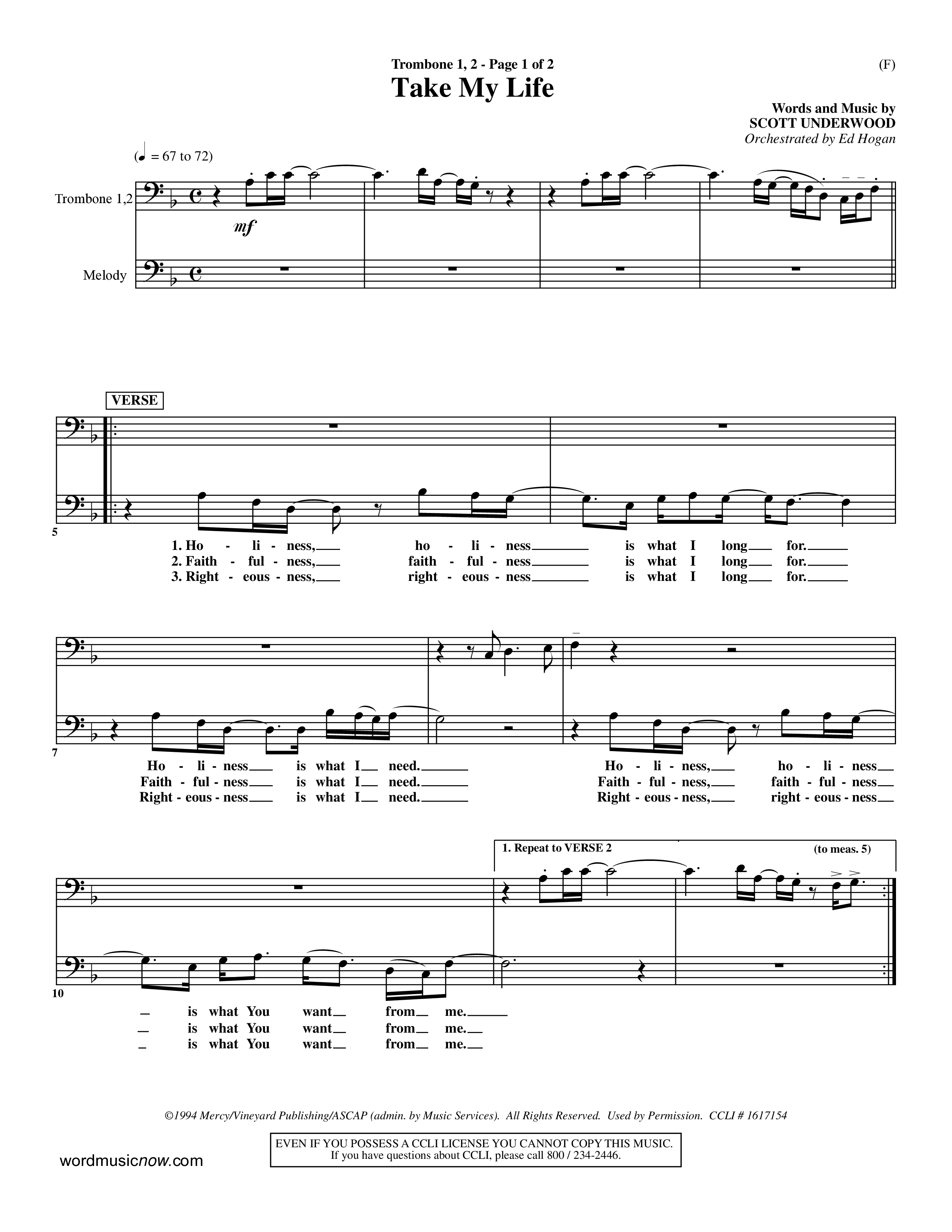 Take My Life (Choral Anthem SATB) Trombone 1/2 (Word Music Choral / Orch. Ed Hogan)