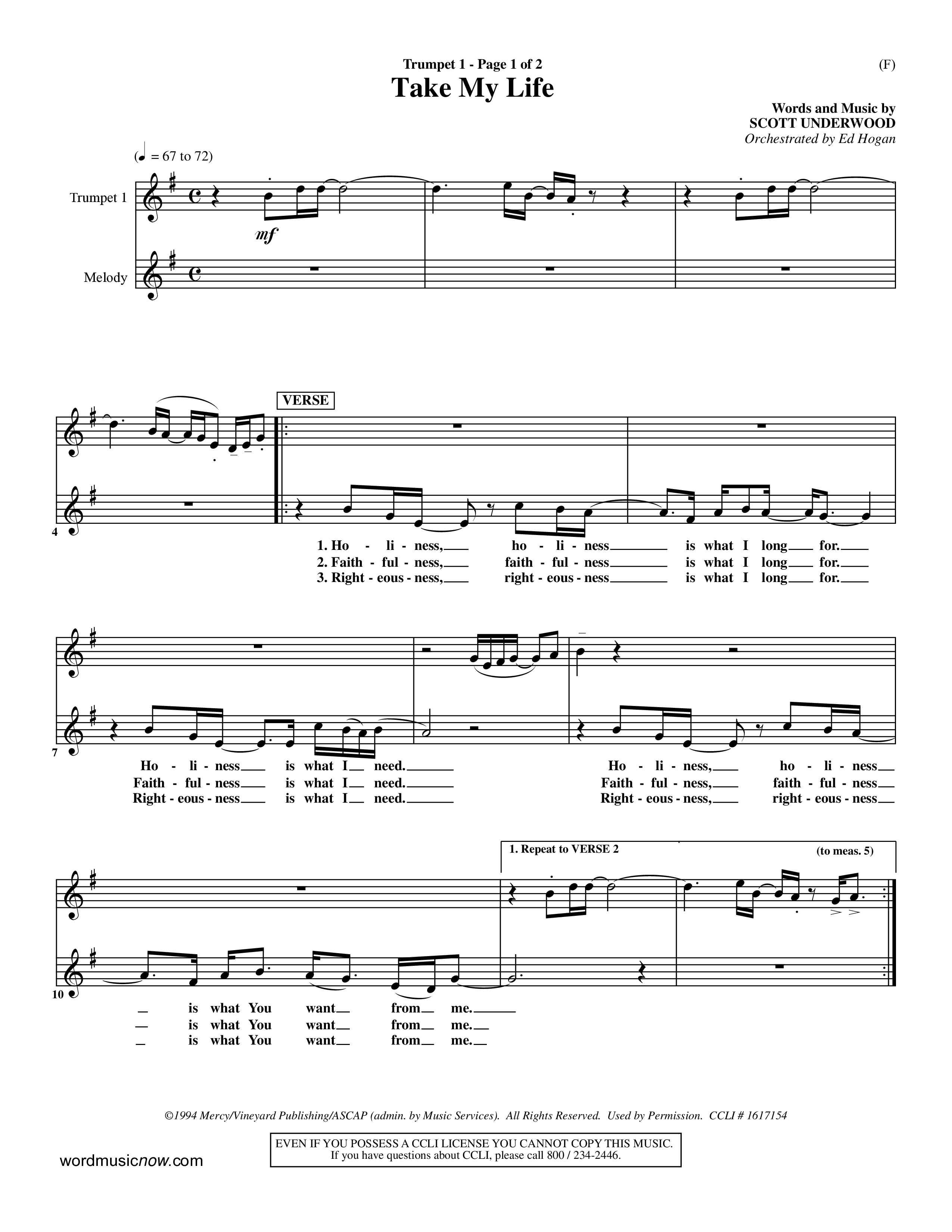 Take My Life (Choral Anthem SATB) Trumpet 1 (Word Music Choral / Orch. Ed Hogan)