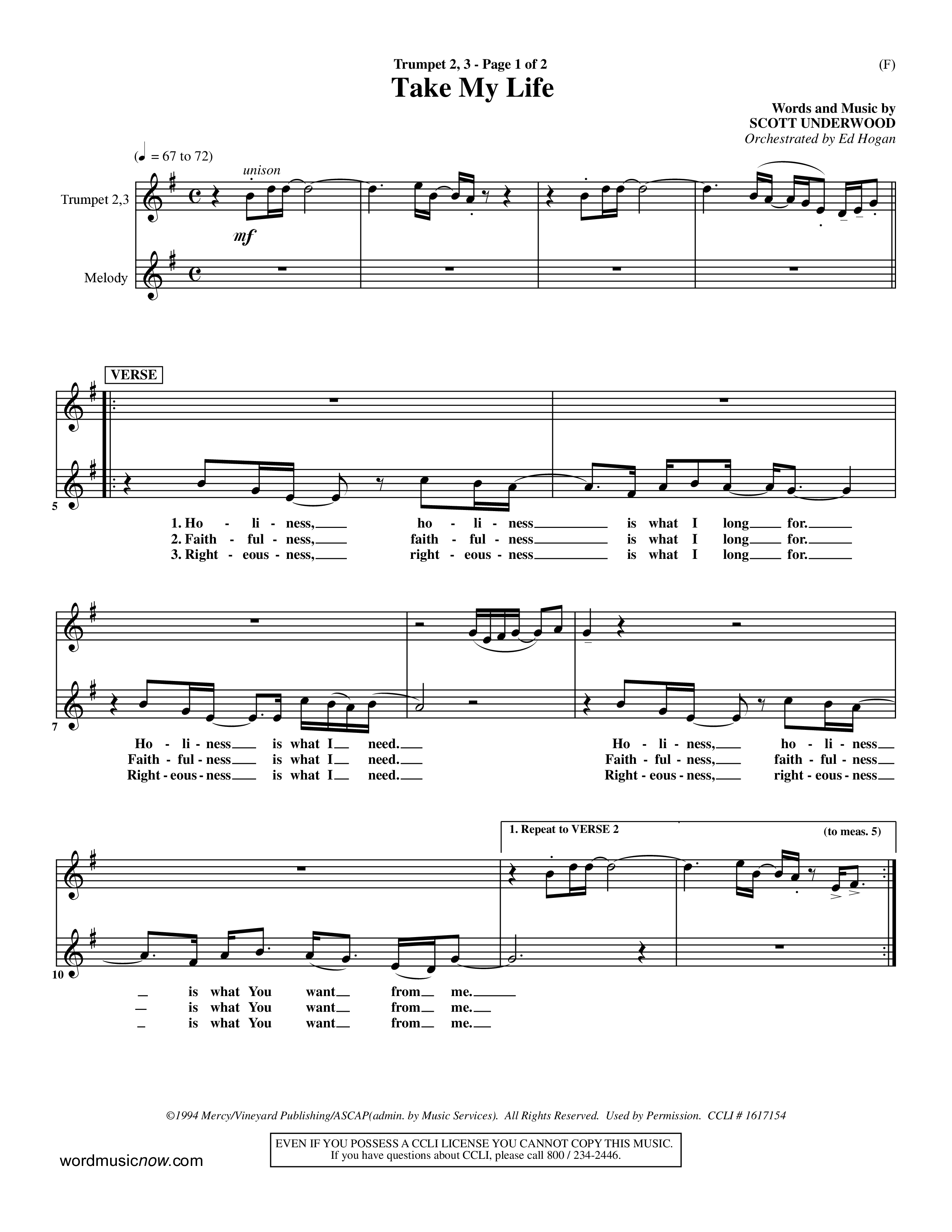 Take My Life (Choral Anthem SATB) Trumpet 2/3 (Word Music Choral / Orch. Ed Hogan)