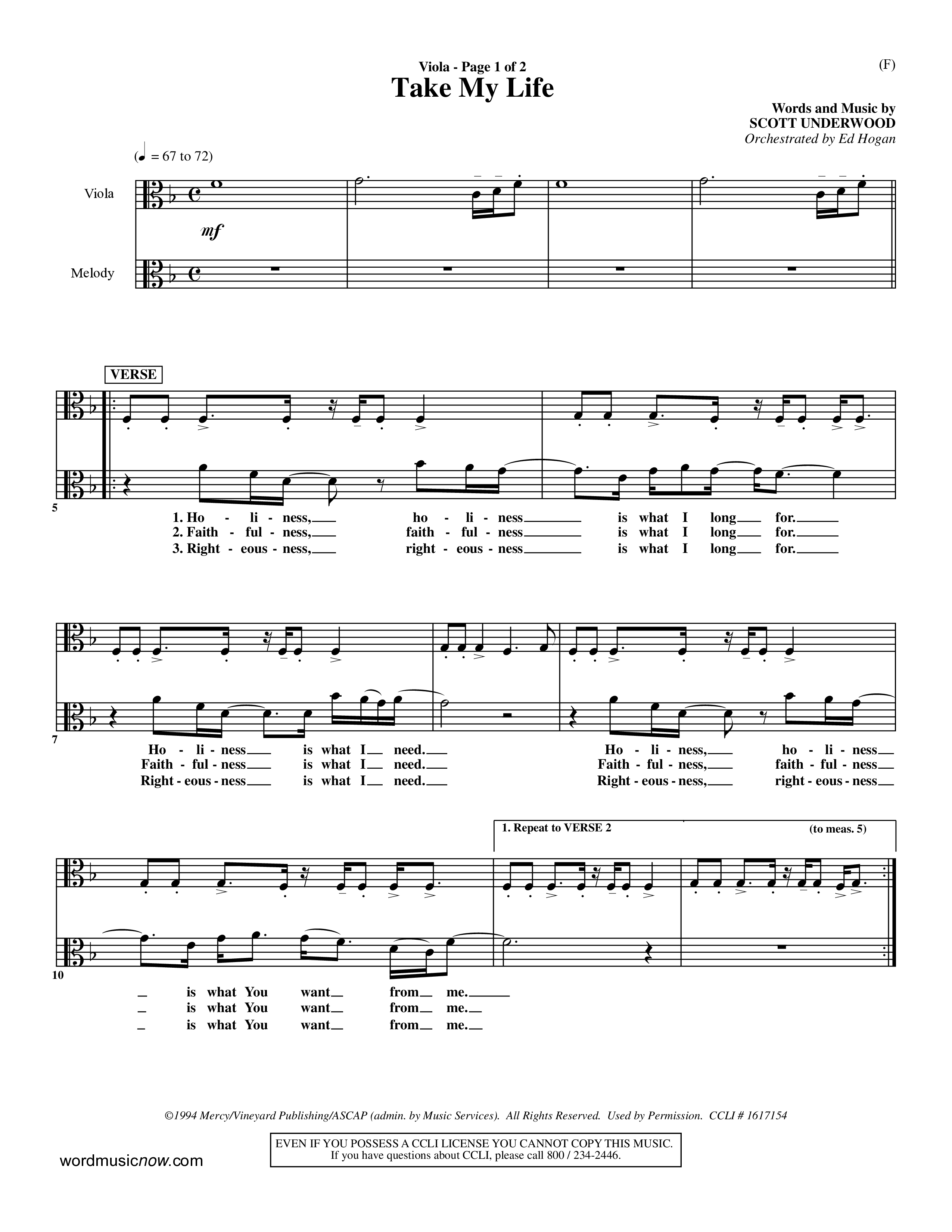 Take My Life (Choral Anthem SATB) Viola (Word Music Choral / Orch. Ed Hogan)