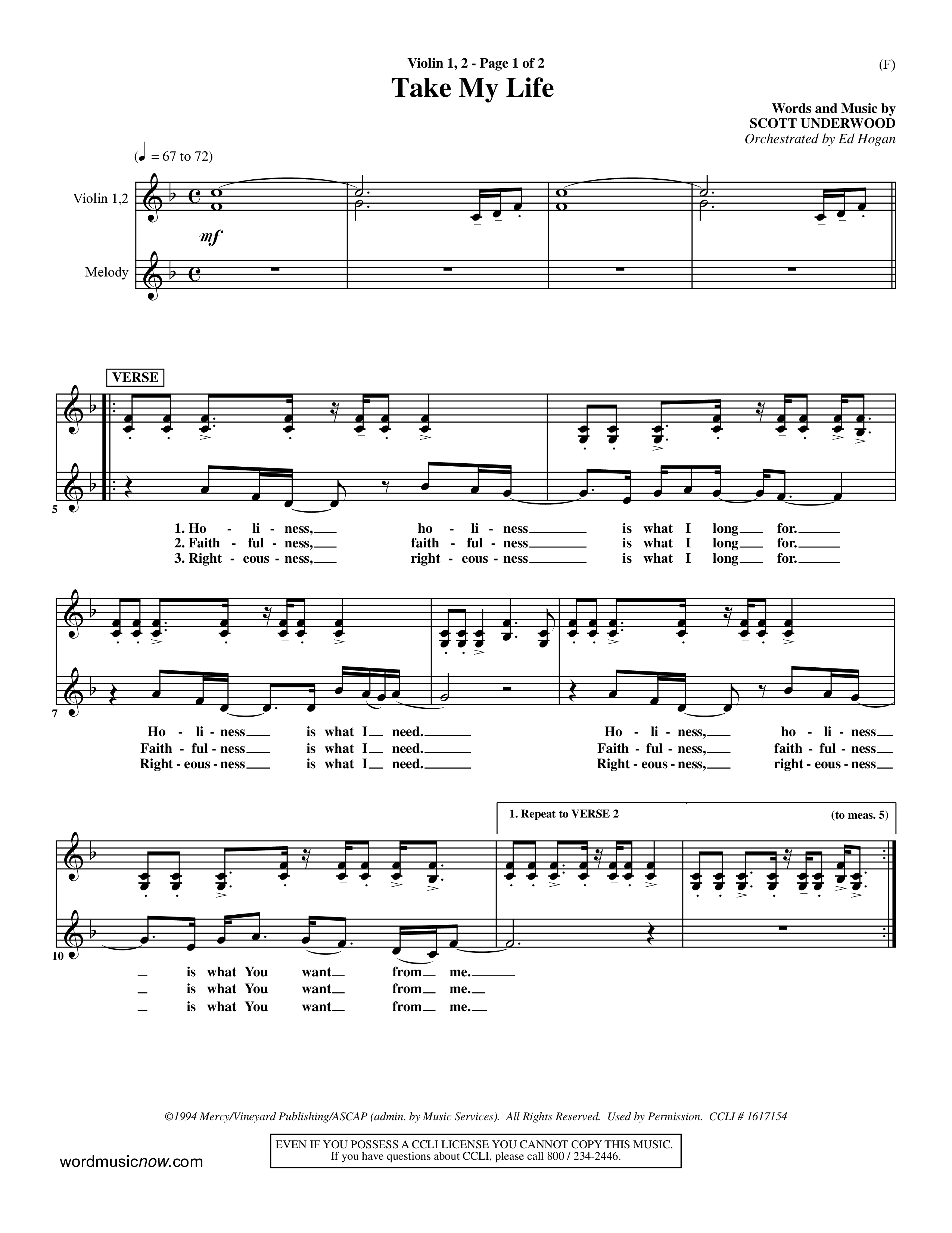 Take My Life (Choral Anthem SATB) Violin 1/2 (Word Music Choral / Orch. Ed Hogan)
