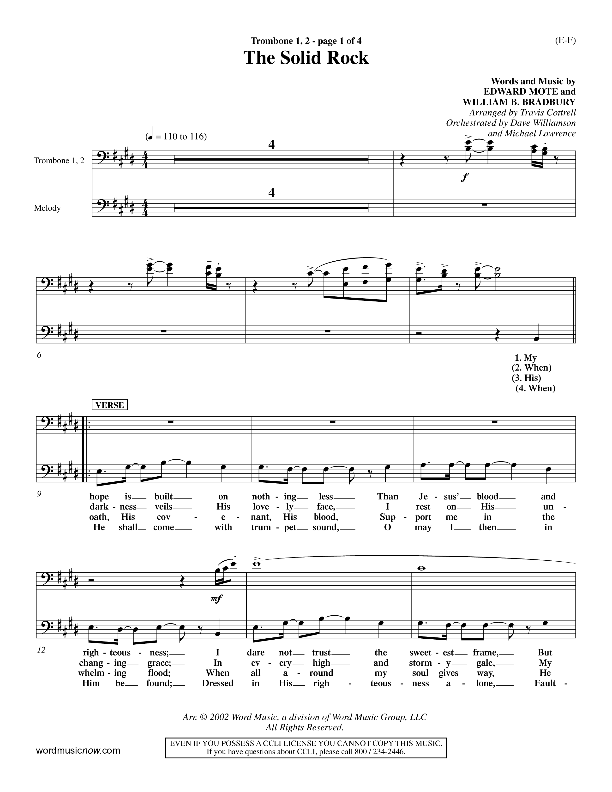 The Solid Rock (Choral Anthem SATB) Trombone 1/2 (Word Music Choral / Arr. Travis Cottrell / Orch. Dave Williamson / Orch. Michael Lawrence)