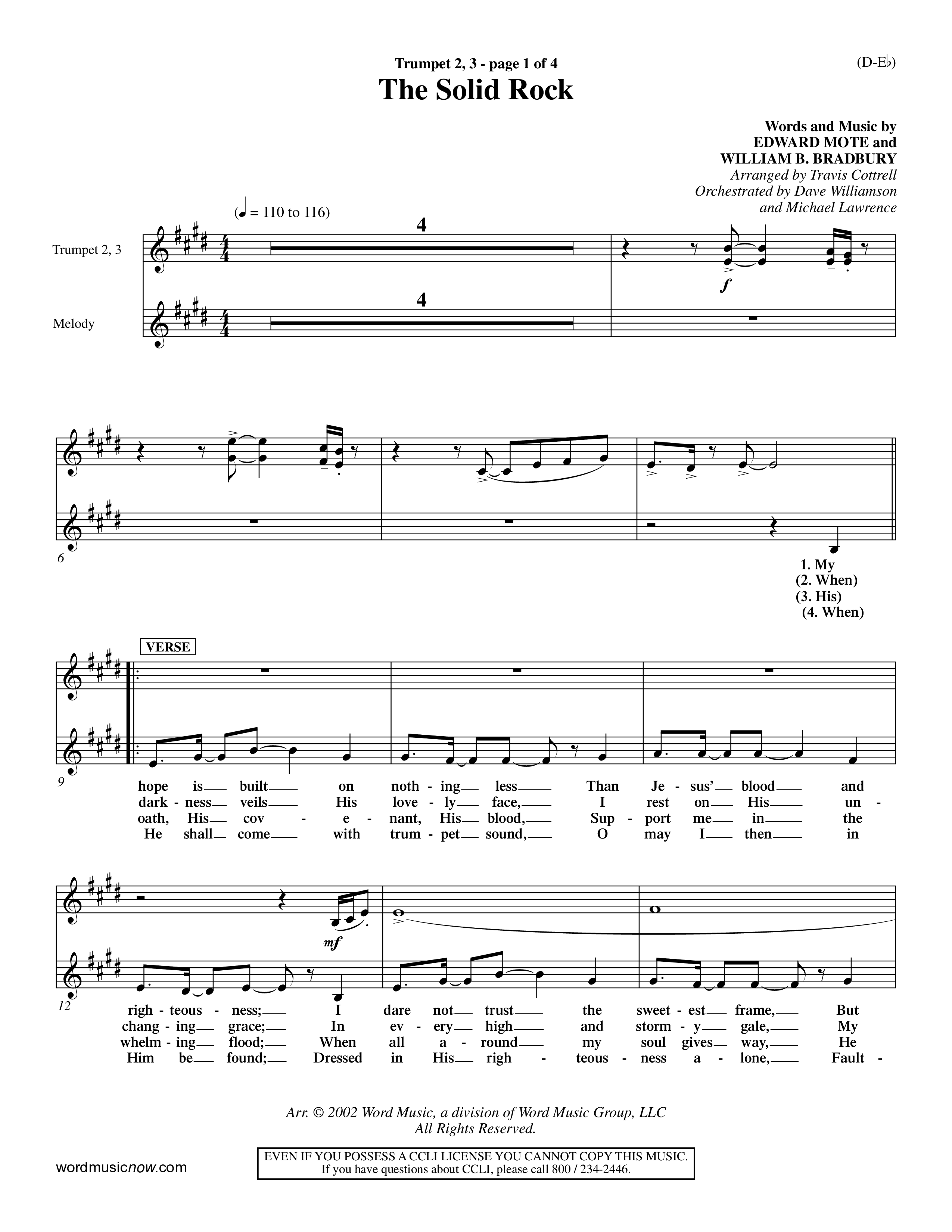 The Solid Rock (Choral Anthem SATB) Trumpet 2/3 (Word Music Choral / Arr. Travis Cottrell / Orch. Dave Williamson / Orch. Michael Lawrence)