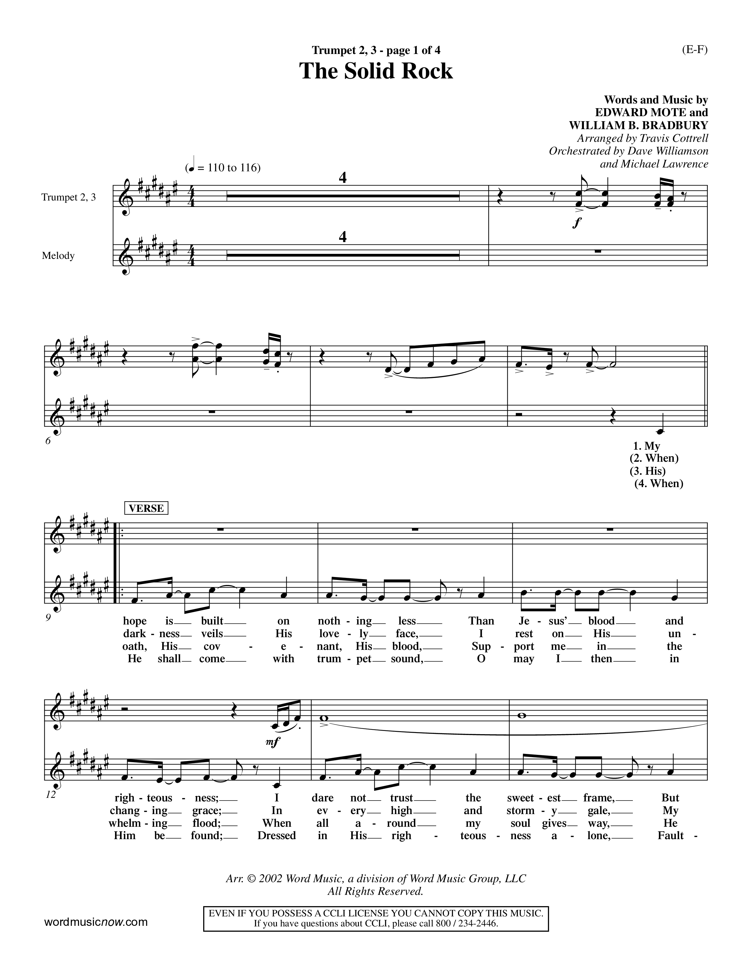 The Solid Rock (Choral Anthem SATB) Trumpet 2/3 (Word Music Choral / Arr. Travis Cottrell / Orch. Dave Williamson / Orch. Michael Lawrence)