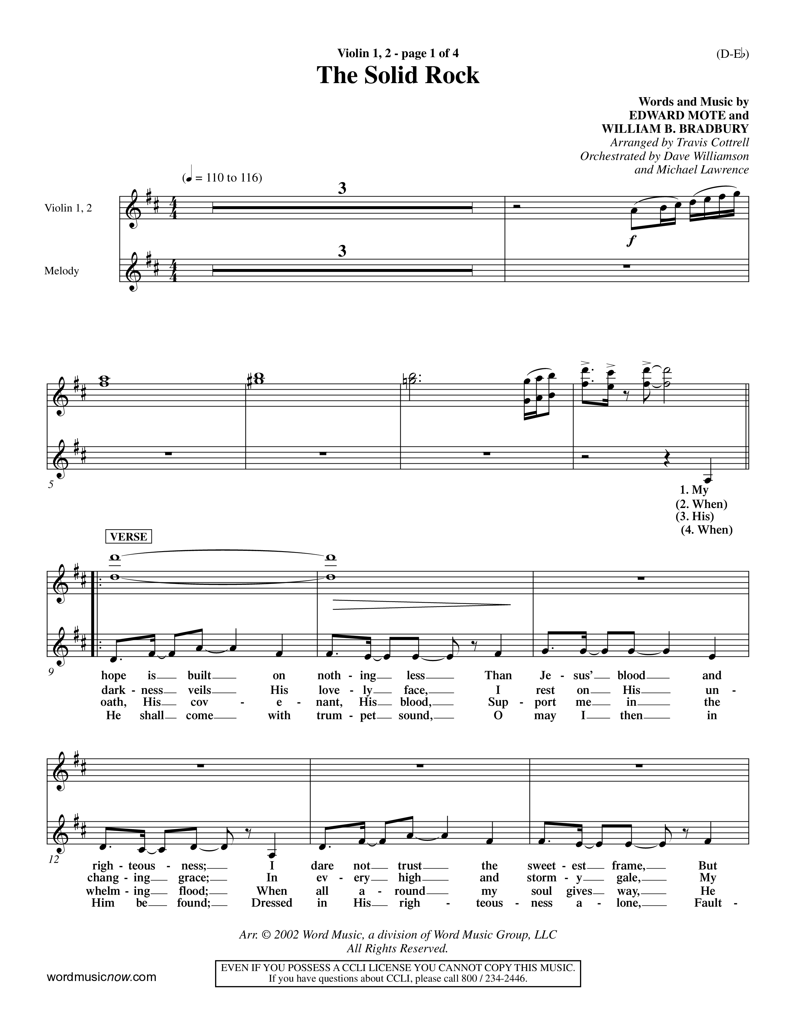 The Solid Rock (Choral Anthem SATB) Violin 1/2 (Word Music Choral / Arr. Travis Cottrell / Orch. Dave Williamson / Orch. Michael Lawrence)