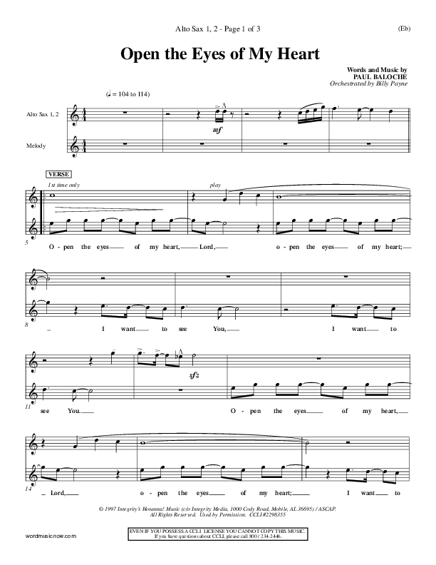 Open The Eyes Of My Heart Alto Sax (Paul Baloche)