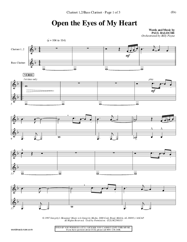 Open The Eyes Of My Heart Bass Clarinet (Paul Baloche)