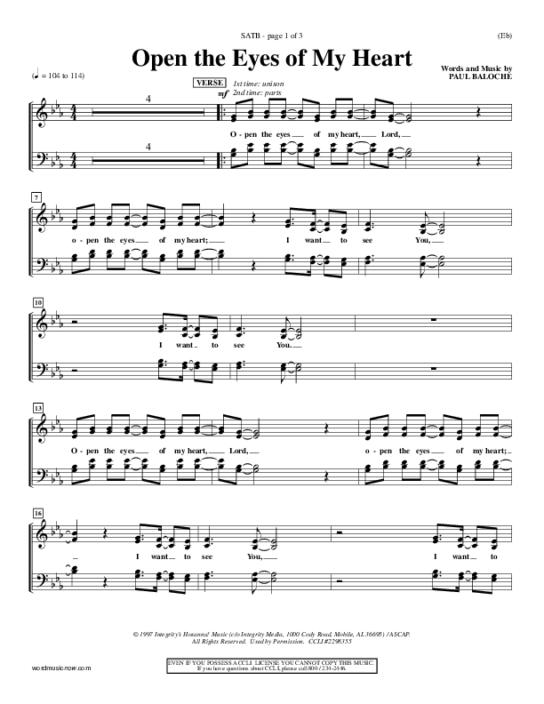 Open The Eyes Of My Heart Choir Vocals (SATB) (Paul Baloche)