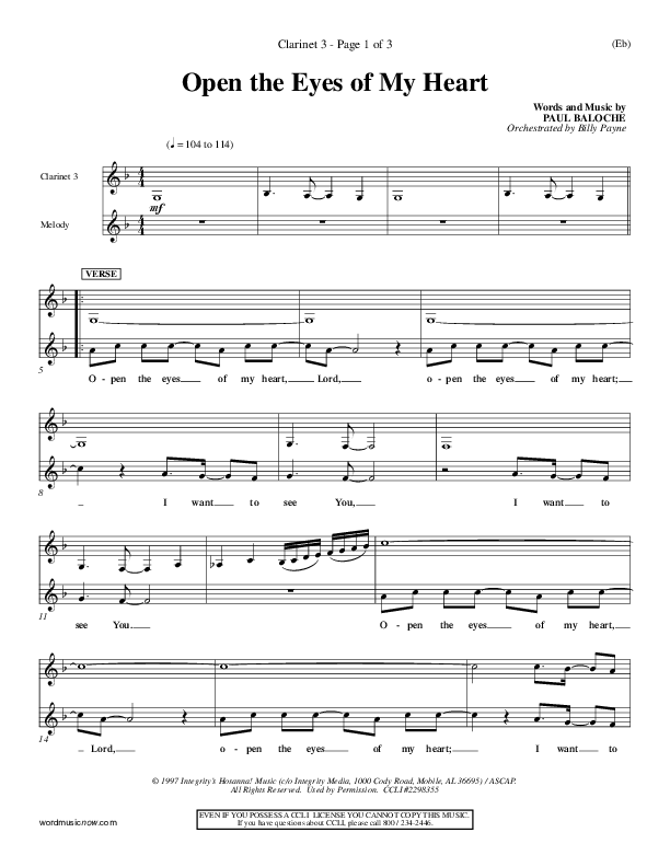 Open The Eyes Of My Heart Clarinet 3 (Paul Baloche)