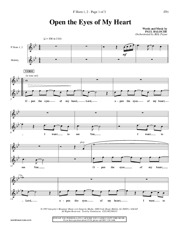 Open The Eyes Of My Heart French Horn 1/2 (Paul Baloche)