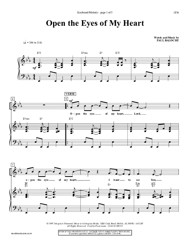 Open The Eyes Of My Heart Piano Sheet (Paul Baloche)