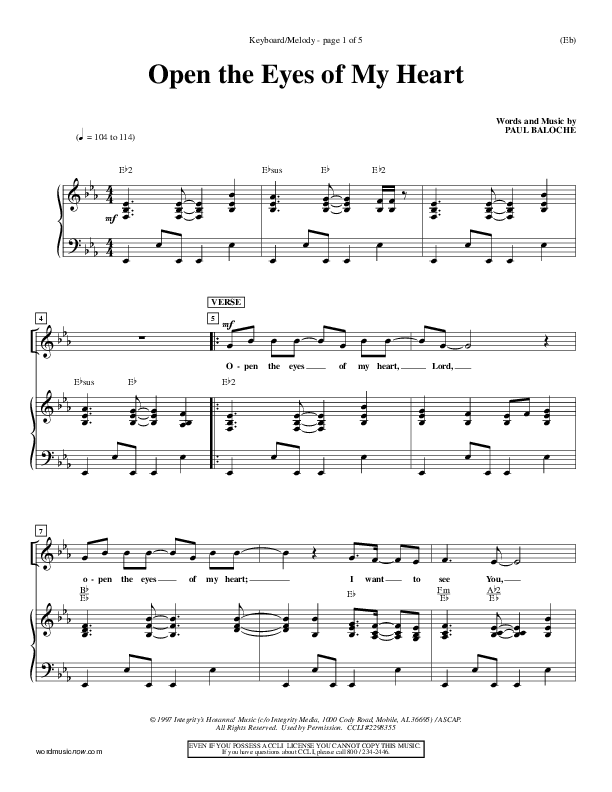 Open The Eyes Of My Heart Lead Sheet (Paul Baloche)