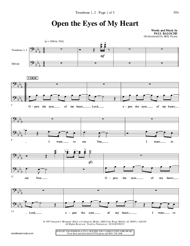 Open The Eyes Of My Heart Trombone (Paul Baloche)