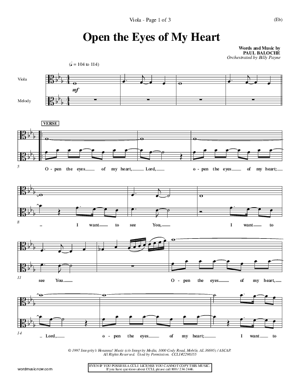 Open The Eyes Of My Heart Viola (Paul Baloche)