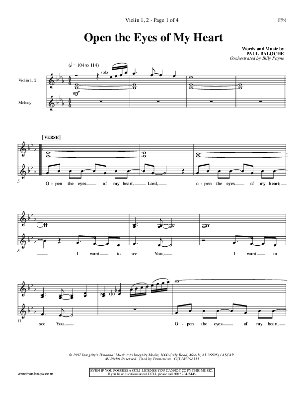 Open The Eyes Of My Heart Violin 1/2 (Paul Baloche)