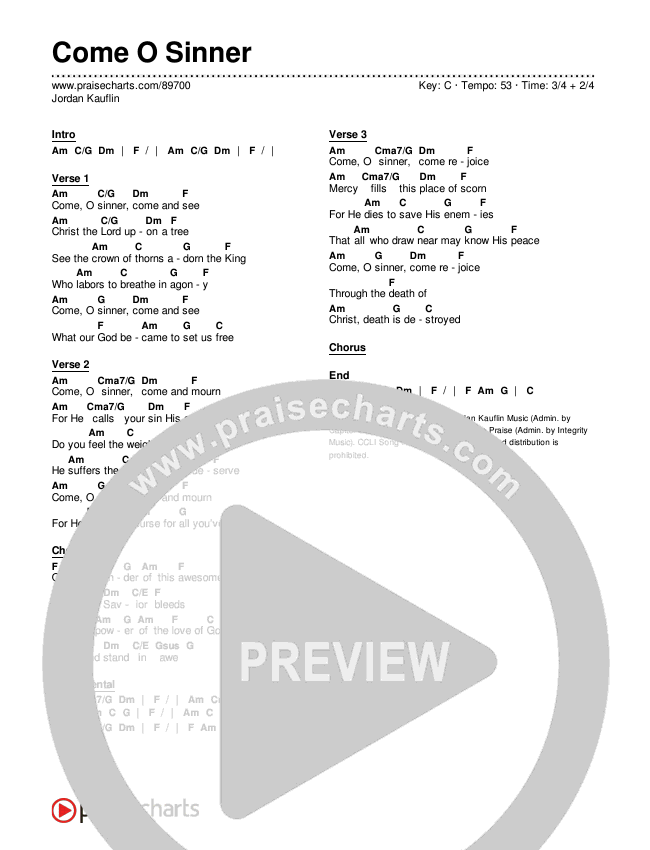 Come O Sinner Chords & Lyrics (Jordan Kauflin)