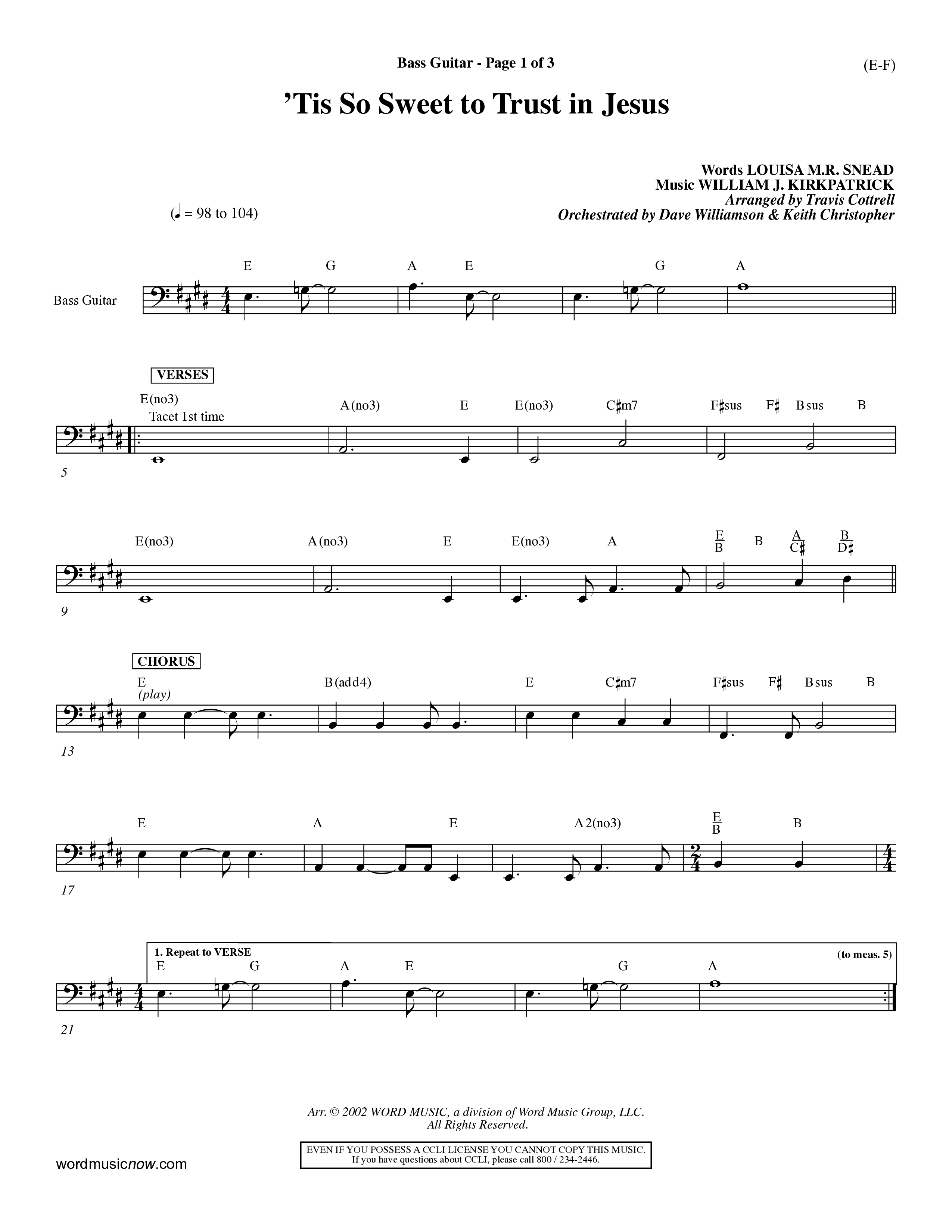 Tis So Sweet To Trust In Jesus (Choral Anthem SATB) Bass Guitar (Word Music Choral / Arr. Travis Cottrell / Orch. Dave Williamson / Orch. Keith Christopher)