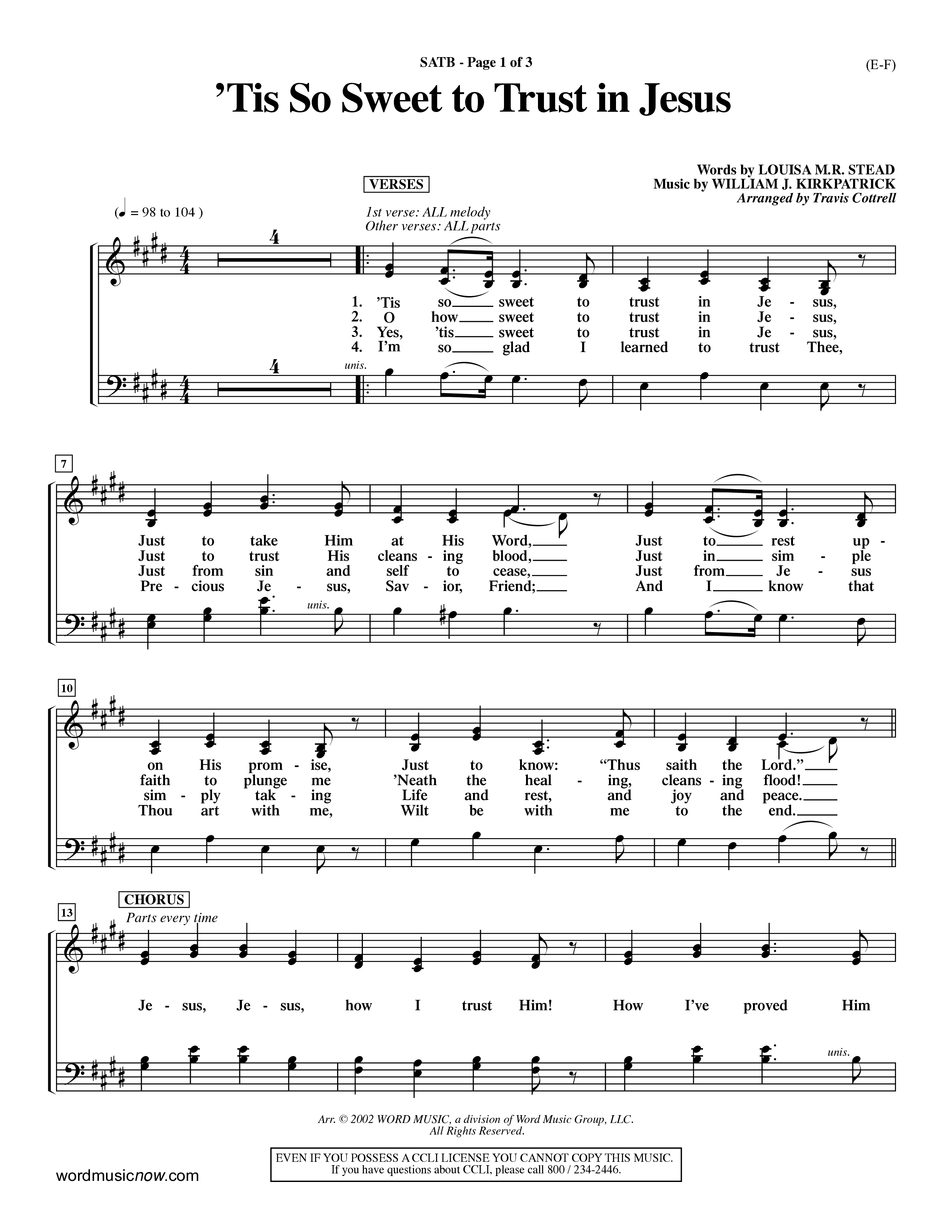 Tis So Sweet To Trust In Jesus (Choral Anthem SATB) Choir Sheet (SATB) (Word Music Choral / Arr. Travis Cottrell / Orch. Dave Williamson / Orch. Keith Christopher)
