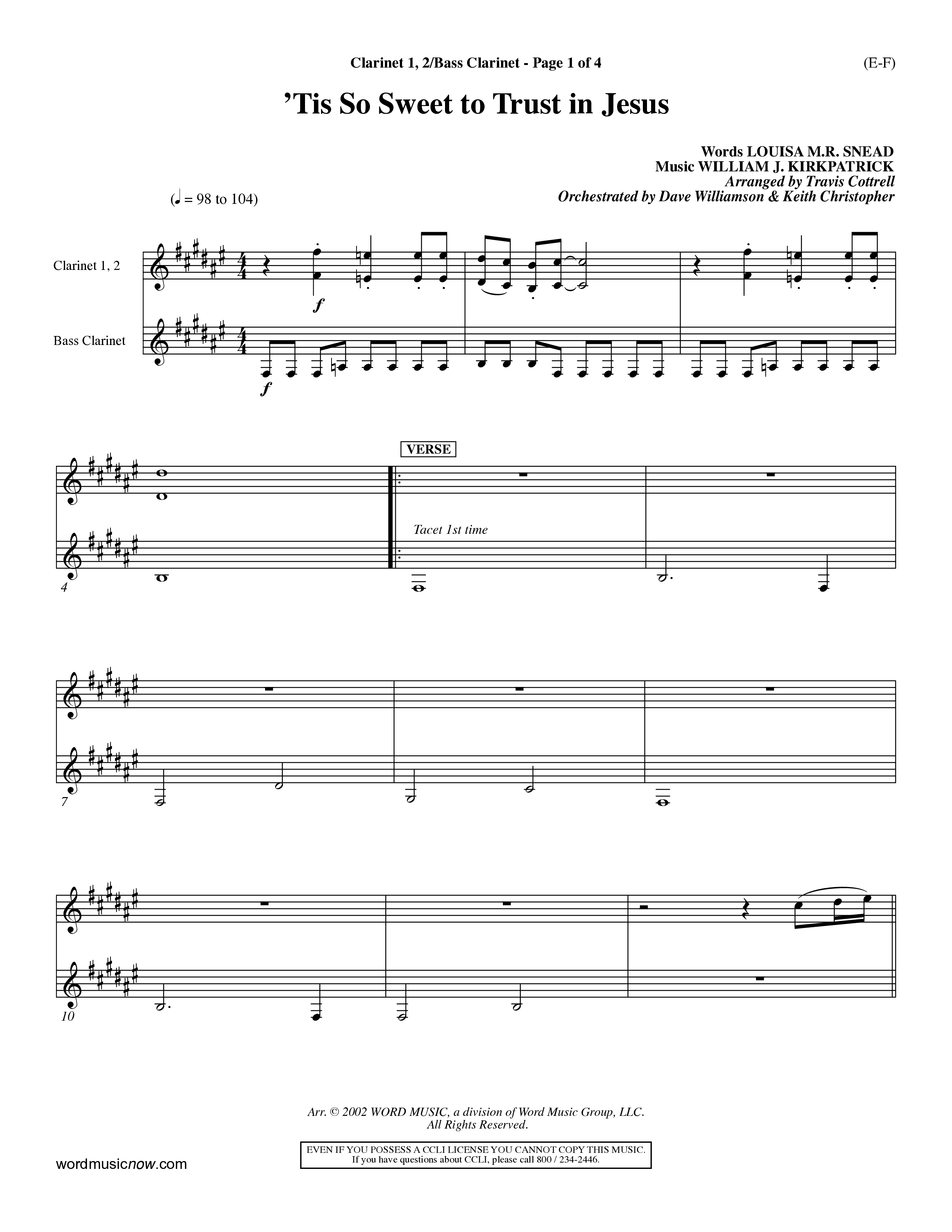 Tis So Sweet To Trust In Jesus (Choral Anthem SATB) Clarinet 1/2, Bass Clarinet (Word Music Choral / Arr. Travis Cottrell / Orch. Dave Williamson / Orch. Keith Christopher)