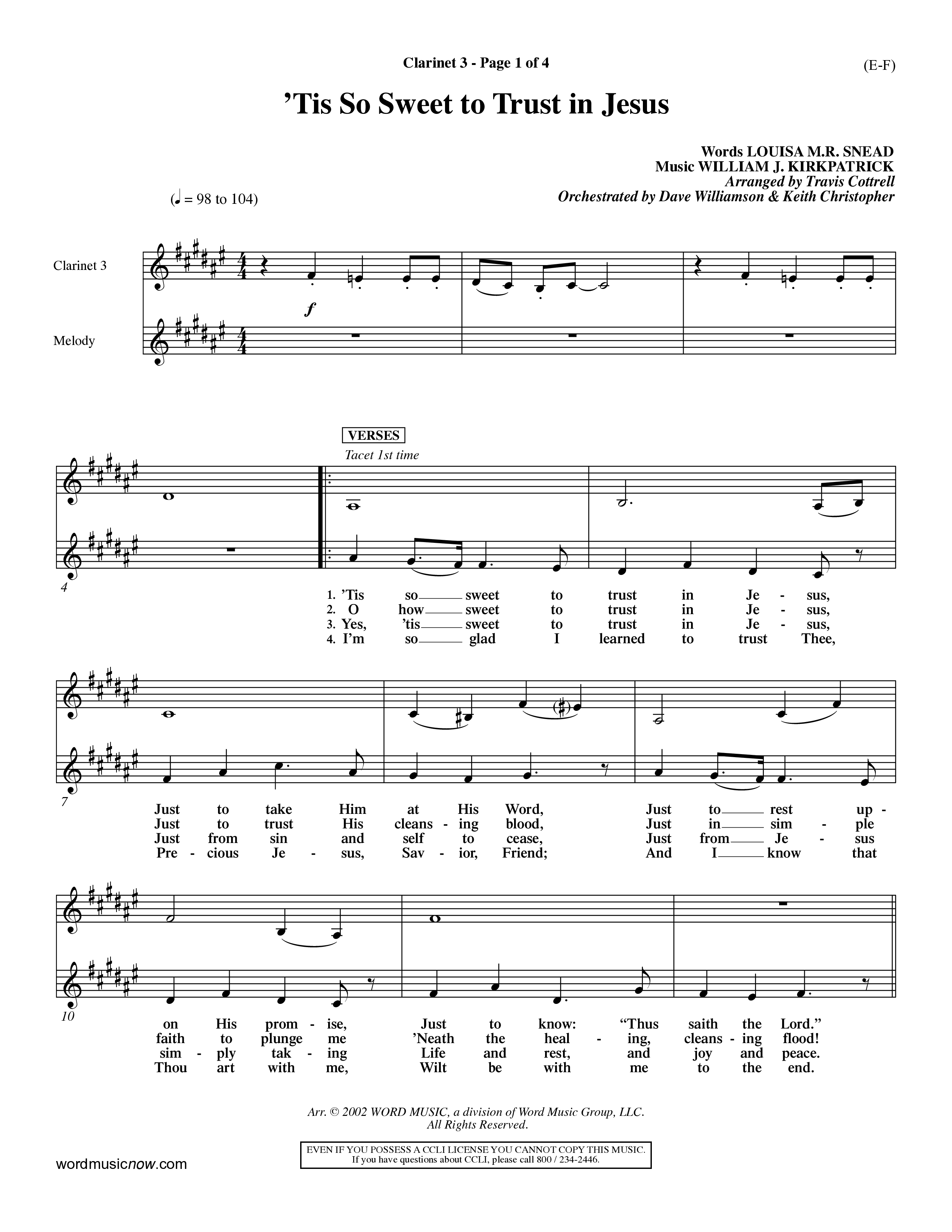 Tis So Sweet To Trust In Jesus (Choral Anthem SATB) Clarinet 3 (Word Music Choral / Arr. Travis Cottrell / Orch. Dave Williamson / Orch. Keith Christopher)