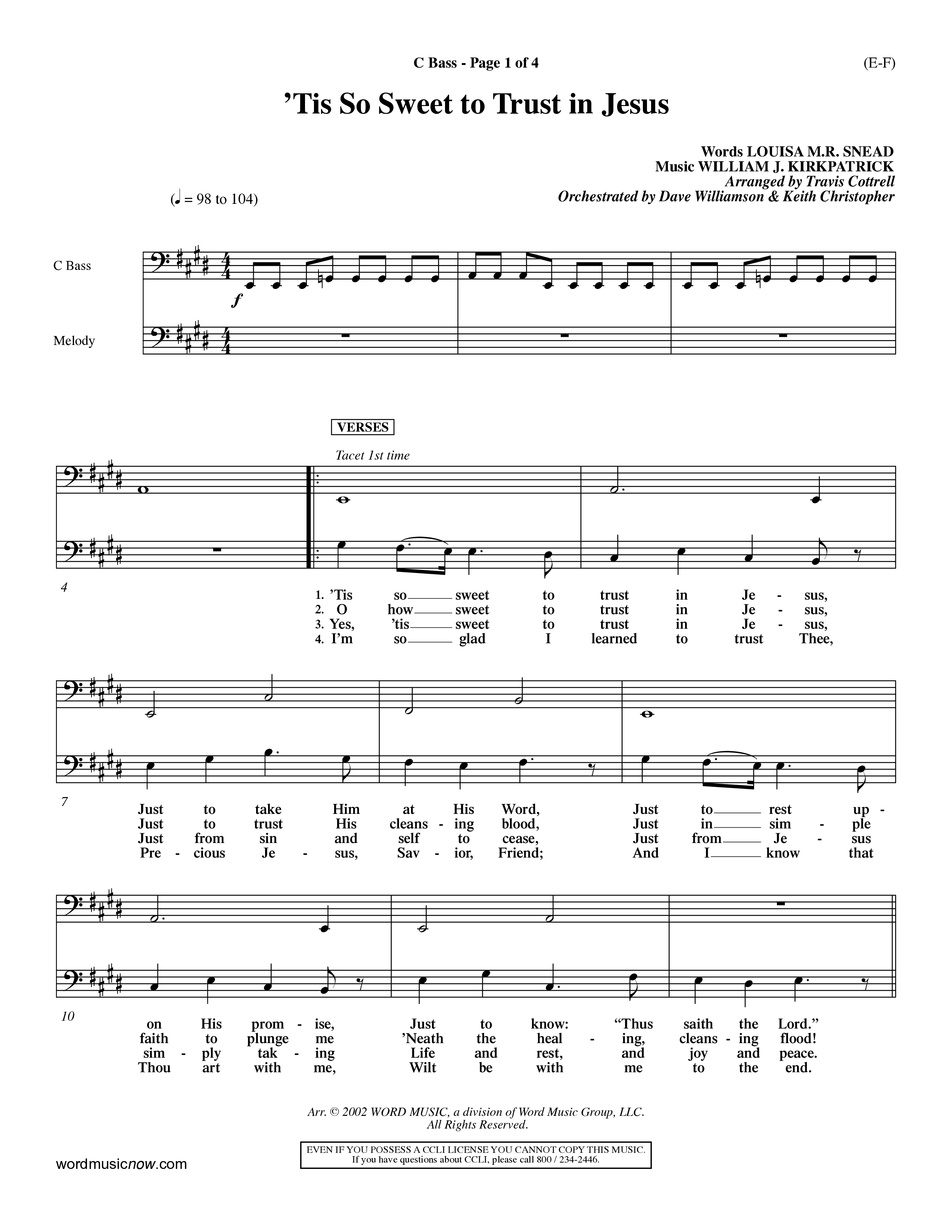 Tis So Sweet To Trust In Jesus (Choral Anthem SATB) Contrabass (Word Music Choral / Arr. Travis Cottrell / Orch. Dave Williamson / Orch. Keith Christopher)