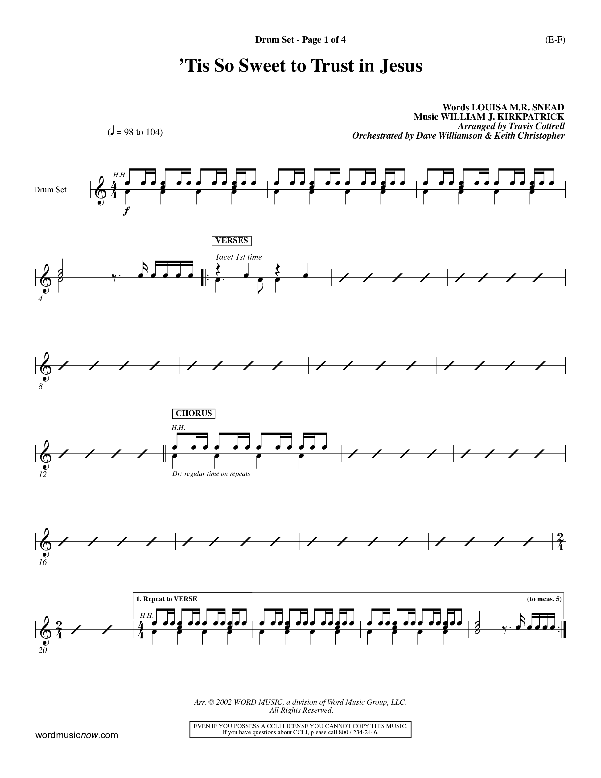 Tis So Sweet To Trust In Jesus (Choral Anthem SATB) Drum Set (Word Music Choral / Arr. Travis Cottrell / Orch. Dave Williamson / Orch. Keith Christopher)