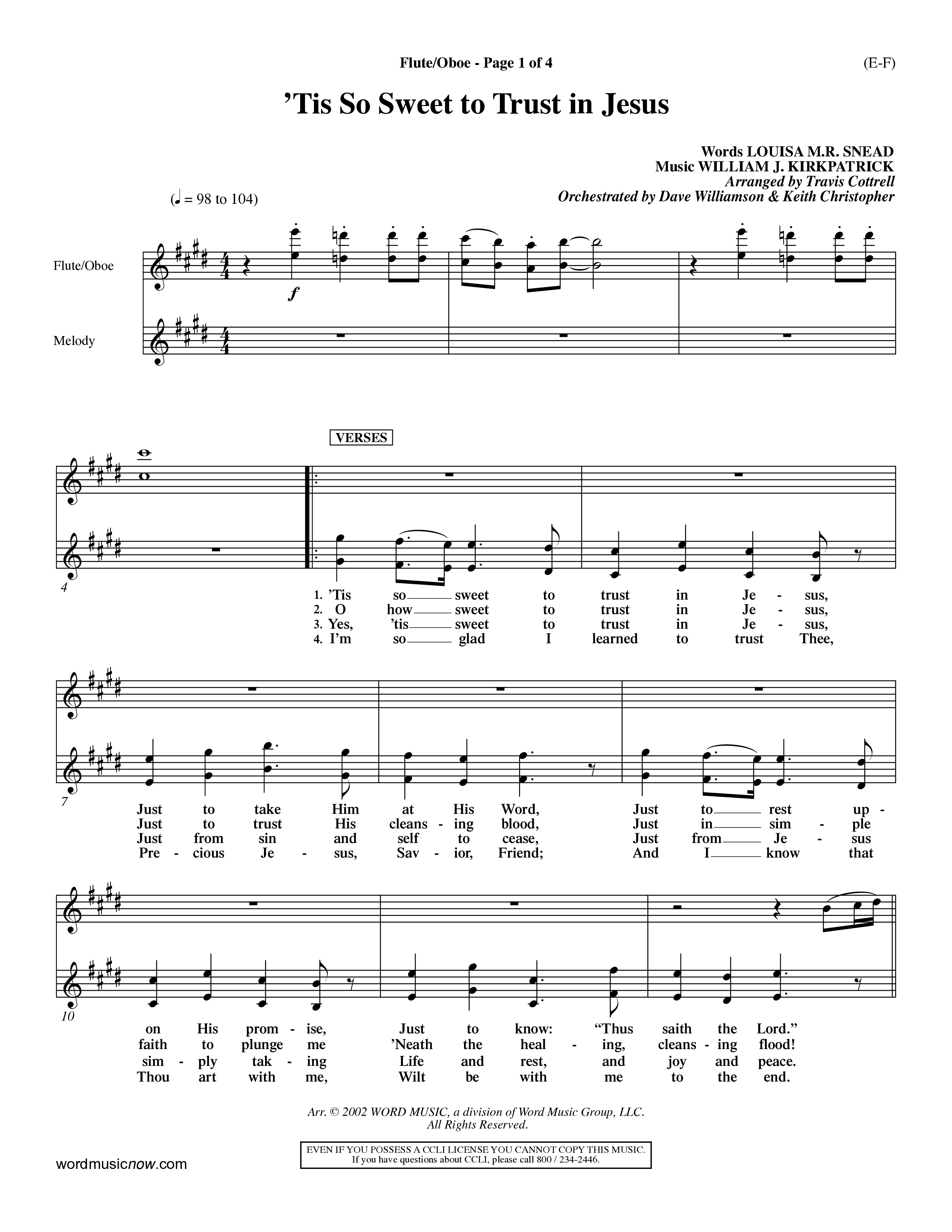 Tis So Sweet To Trust In Jesus (Choral Anthem SATB) Flute/Oboe (Word Music Choral / Arr. Travis Cottrell / Orch. Dave Williamson / Orch. Keith Christopher)