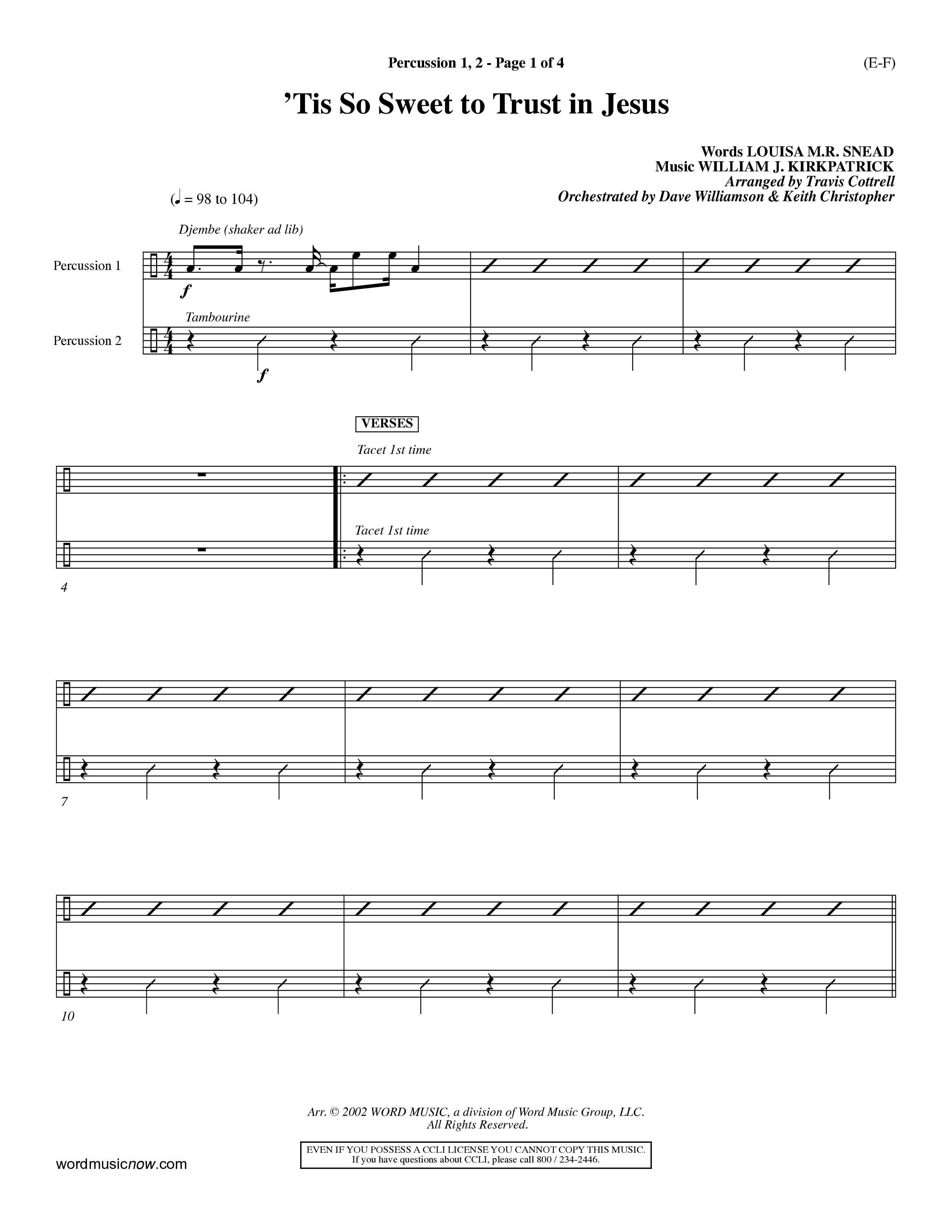 Tis So Sweet To Trust In Jesus (Choral Anthem SATB) Percussion 1/2 (Word Music Choral / Arr. Travis Cottrell / Orch. Dave Williamson / Orch. Keith Christopher)