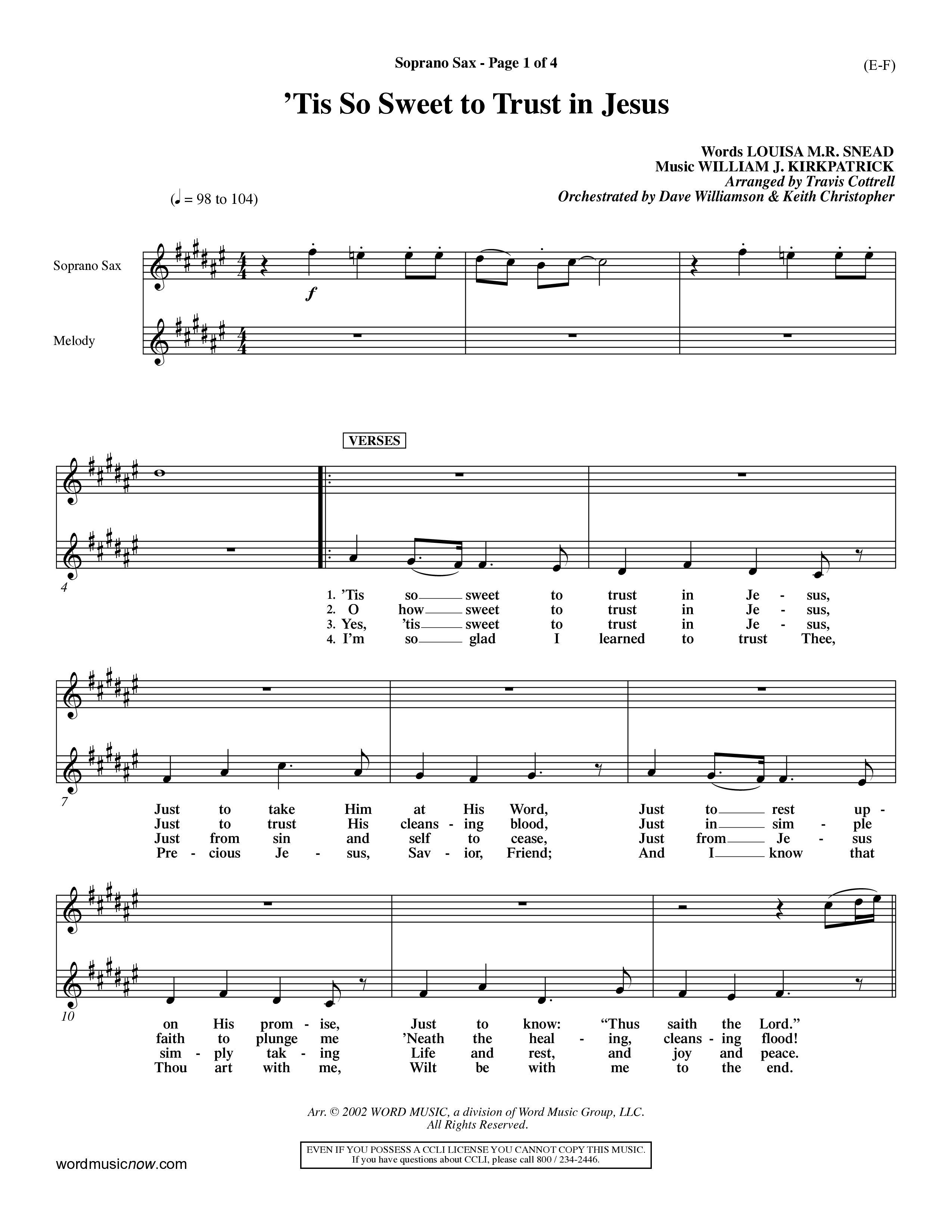 Tis So Sweet To Trust In Jesus (Choral Anthem SATB) Saxophone (Word Music Choral / Arr. Travis Cottrell / Orch. Dave Williamson / Orch. Keith Christopher)