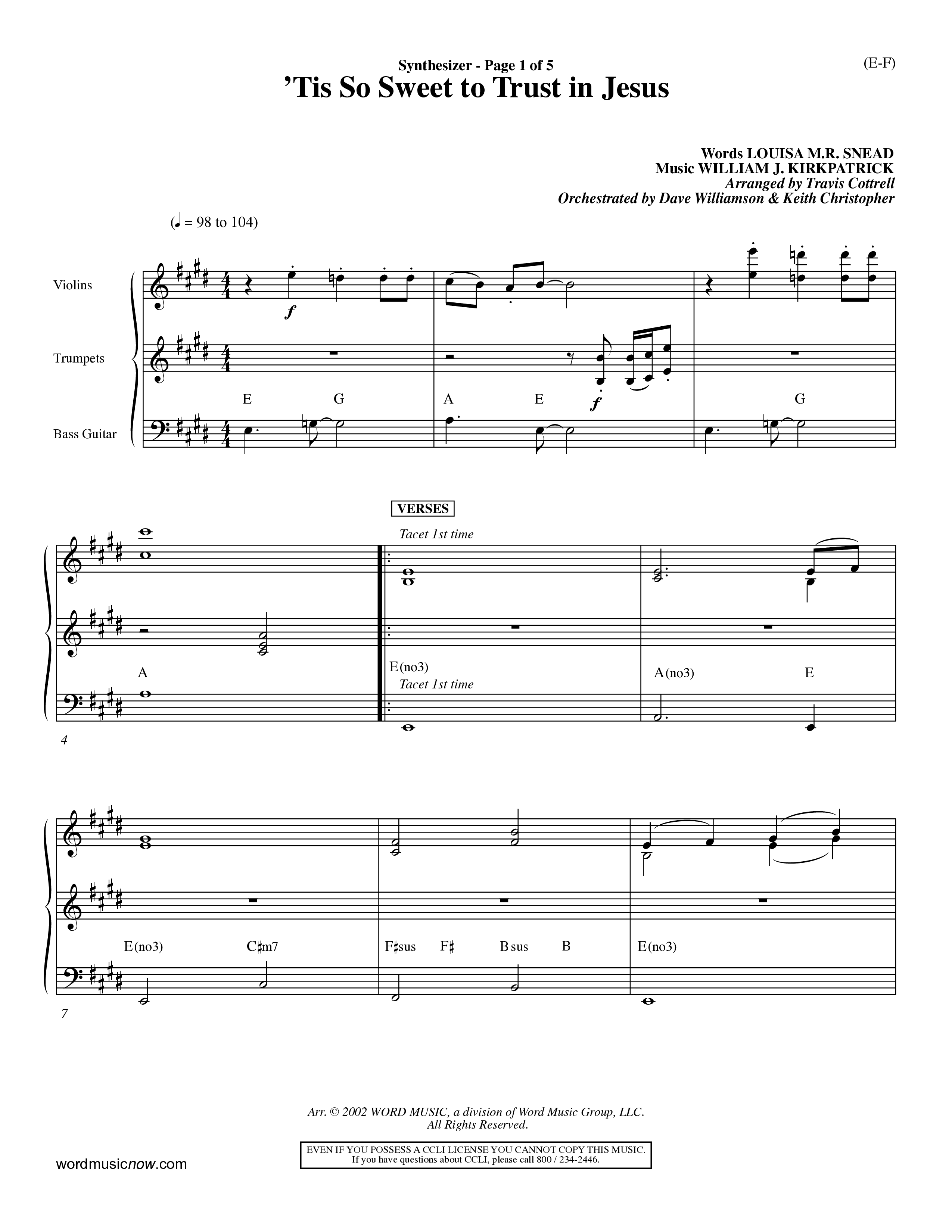 Tis So Sweet To Trust In Jesus (Choral Anthem SATB) Synth (Word Music Choral / Arr. Travis Cottrell / Orch. Dave Williamson / Orch. Keith Christopher)
