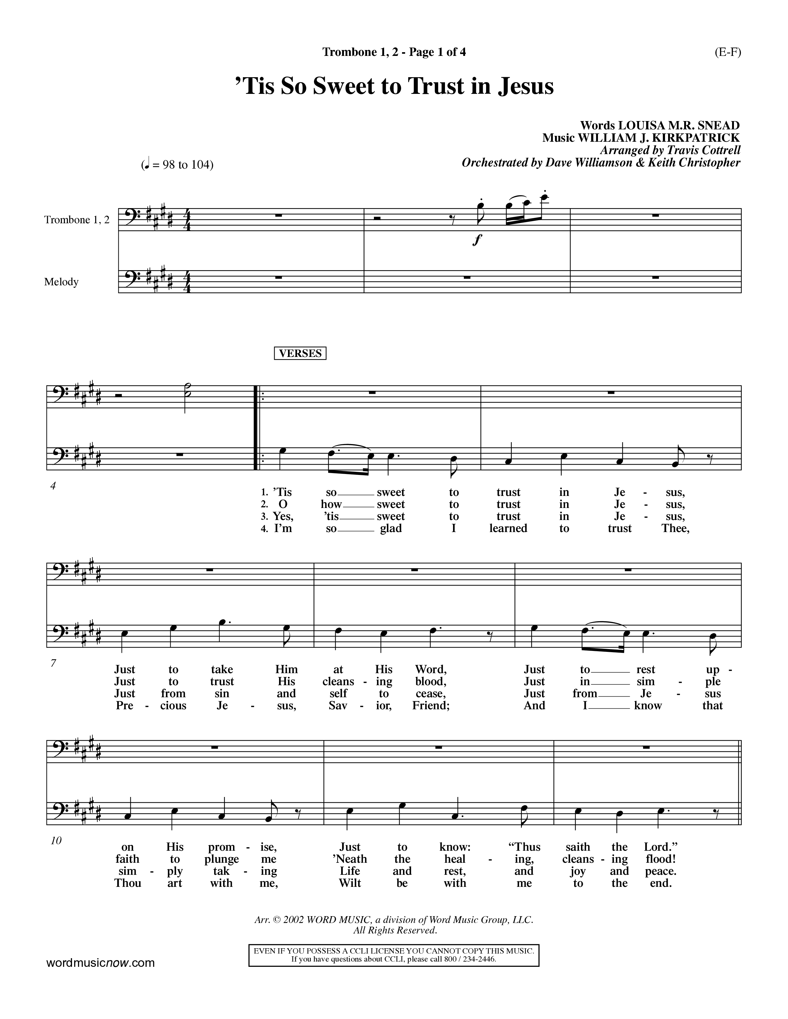 Tis So Sweet To Trust In Jesus (Choral Anthem SATB) Trombone 1/2 (Word Music Choral / Arr. Travis Cottrell / Orch. Dave Williamson / Orch. Keith Christopher)