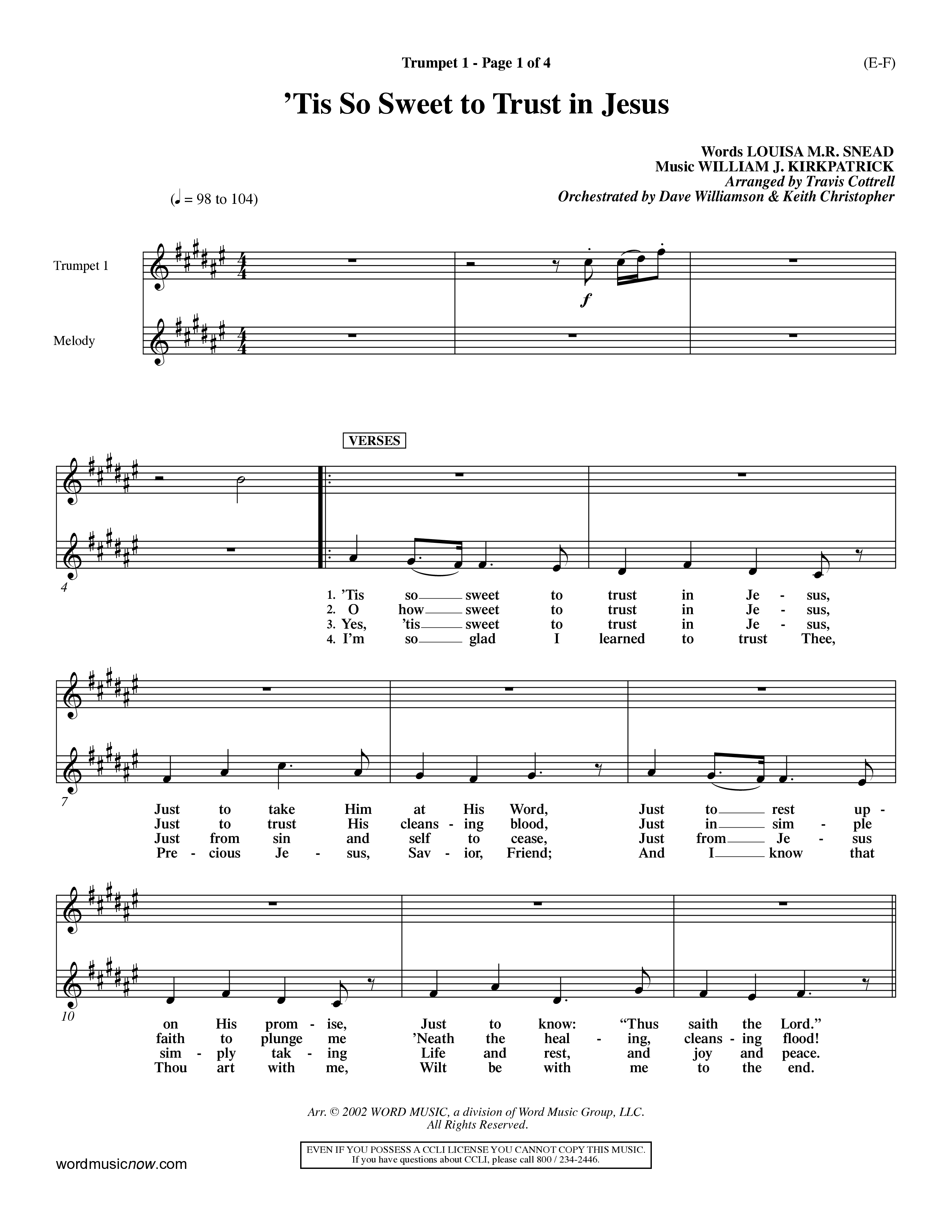 Tis So Sweet To Trust In Jesus (Choral Anthem SATB) Trumpet 1 (Word Music Choral / Arr. Travis Cottrell / Orch. Dave Williamson / Orch. Keith Christopher)