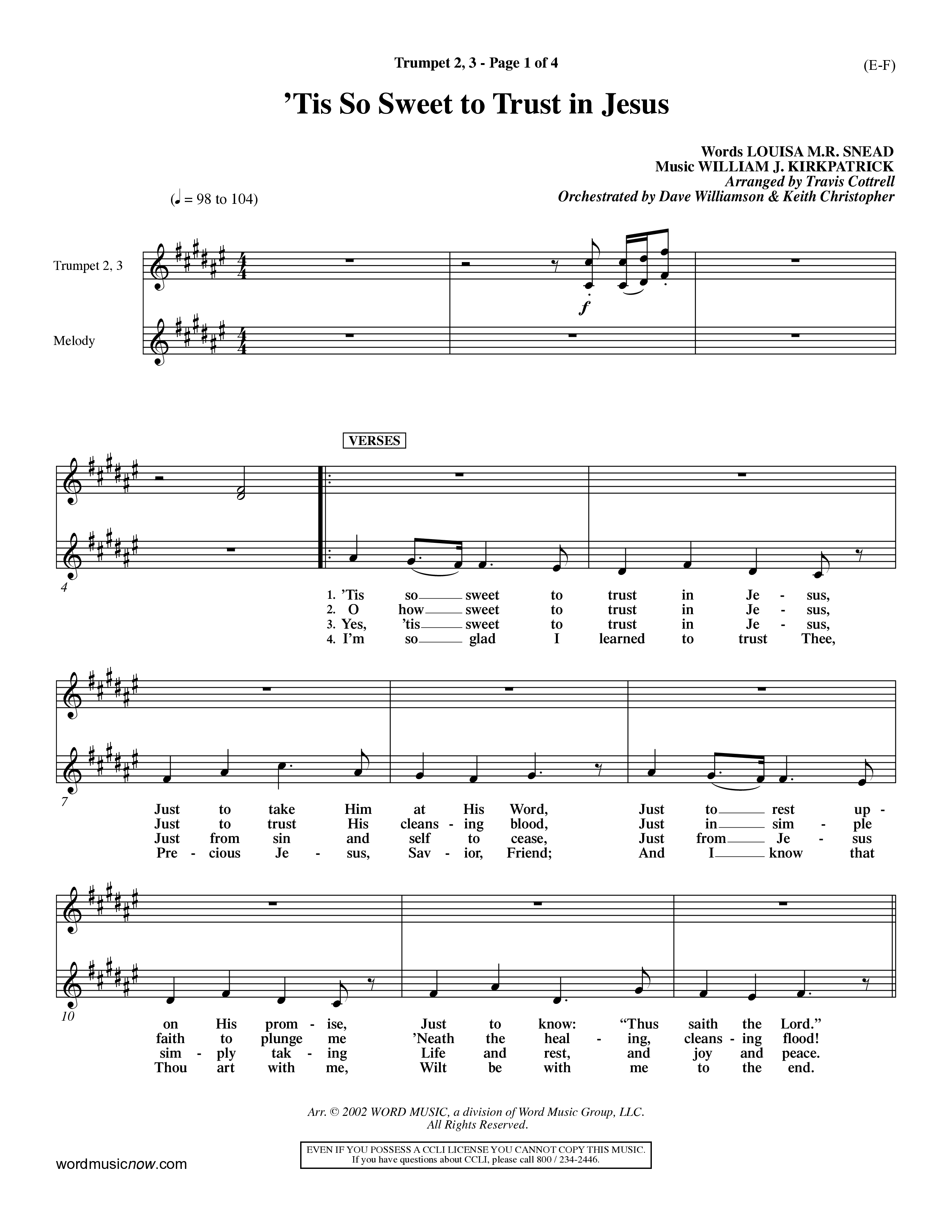 Tis So Sweet To Trust In Jesus (Choral Anthem SATB) Trumpet 2/3 (Word Music Choral / Arr. Travis Cottrell / Orch. Dave Williamson / Orch. Keith Christopher)