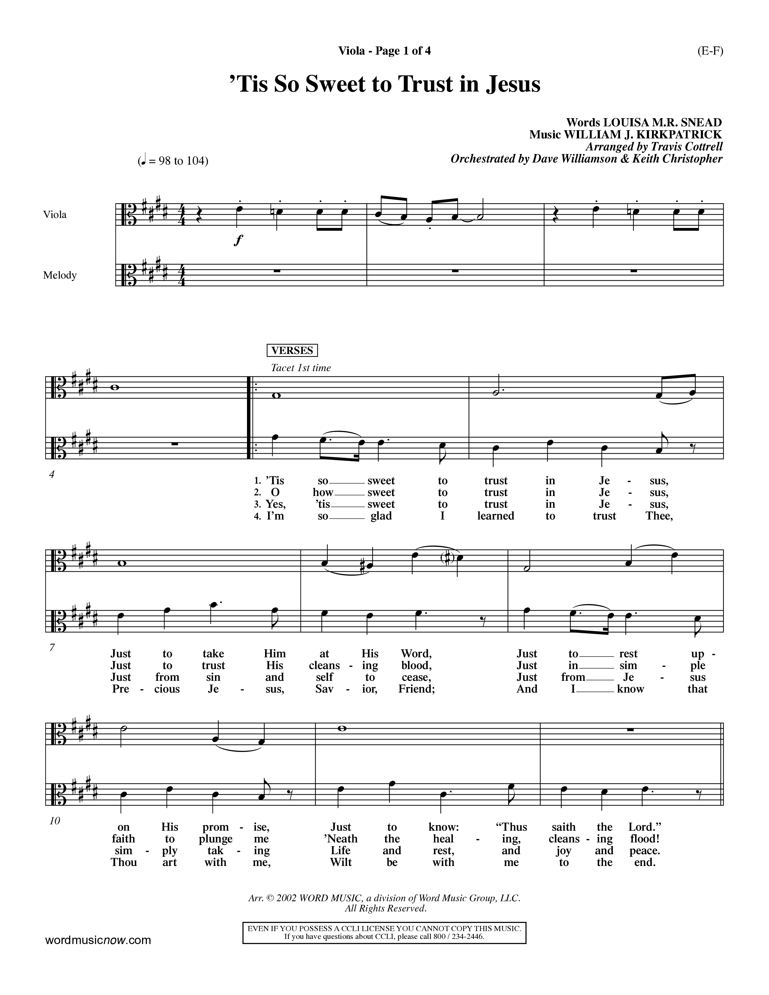 Tis So Sweet To Trust In Jesus (Choral Anthem SATB) Viola (Word Music Choral / Arr. Travis Cottrell / Orch. Dave Williamson / Orch. Keith Christopher)
