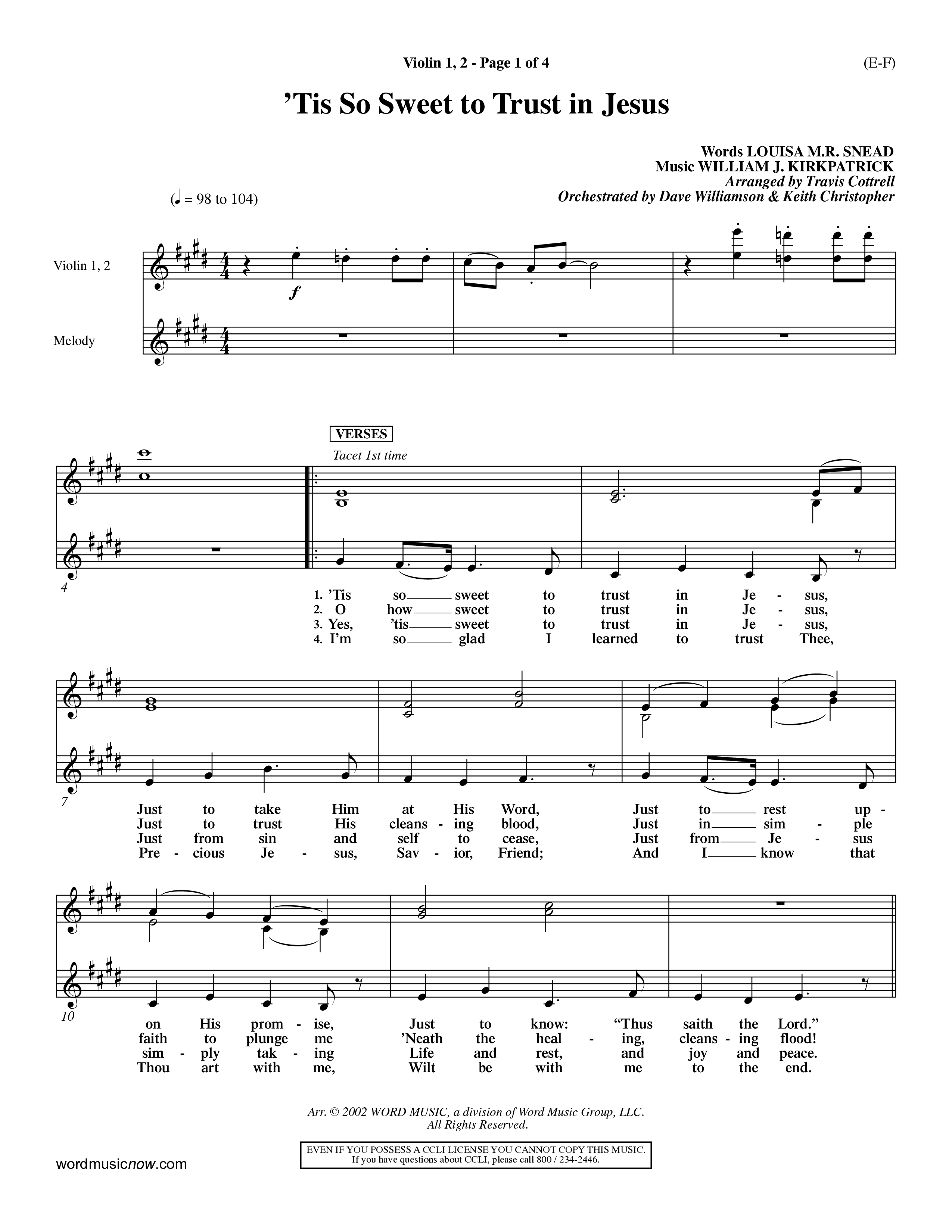 Tis So Sweet To Trust In Jesus (Choral Anthem SATB) Violin 1/2 (Word Music Choral / Arr. Travis Cottrell / Orch. Dave Williamson / Orch. Keith Christopher)