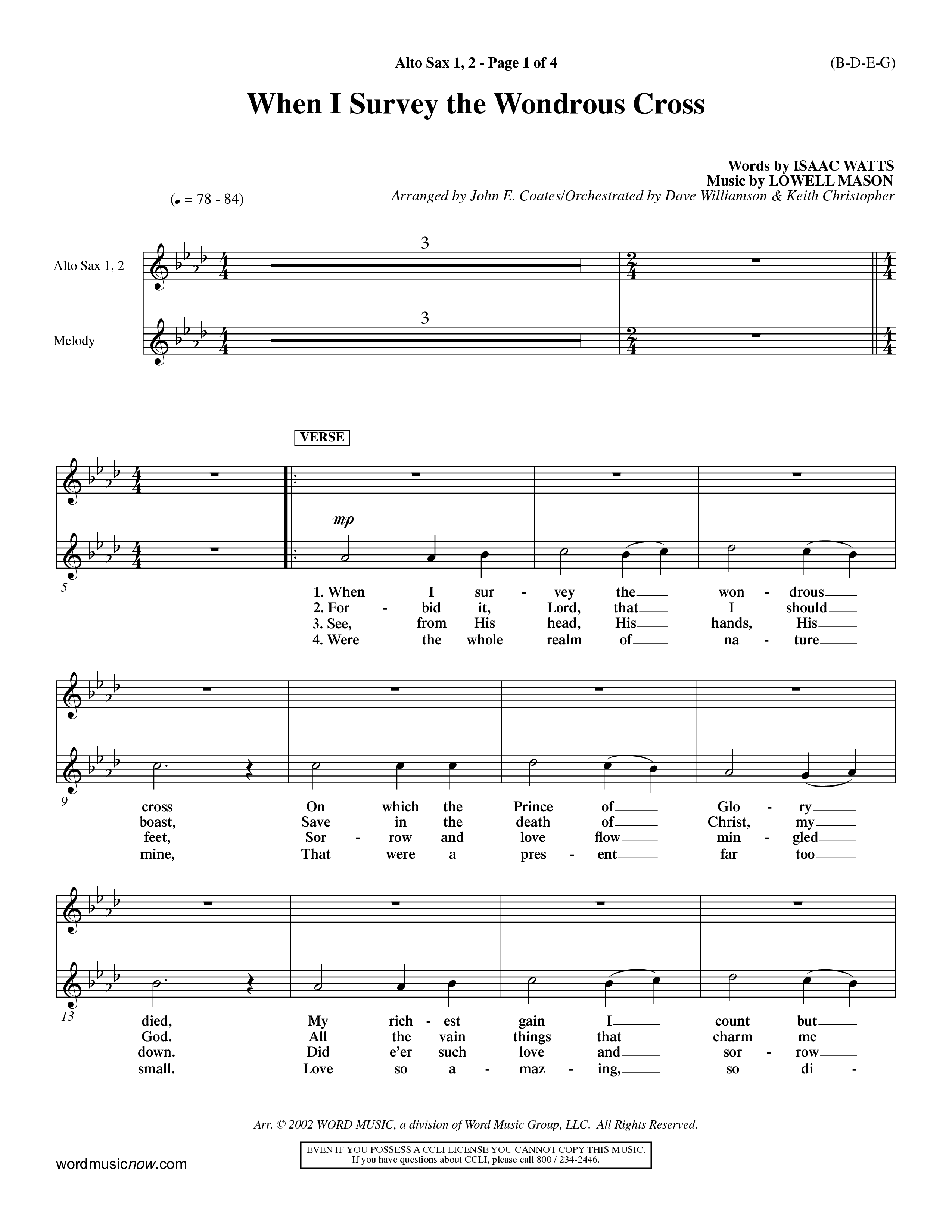 When I Survey The Wondrous Cross (Choral Anthem SATB) Alto Sax 1/2 (Word Music Choral / Arr. John Coates / Orch. Dave Williamson / Orch. Keith Christopher)