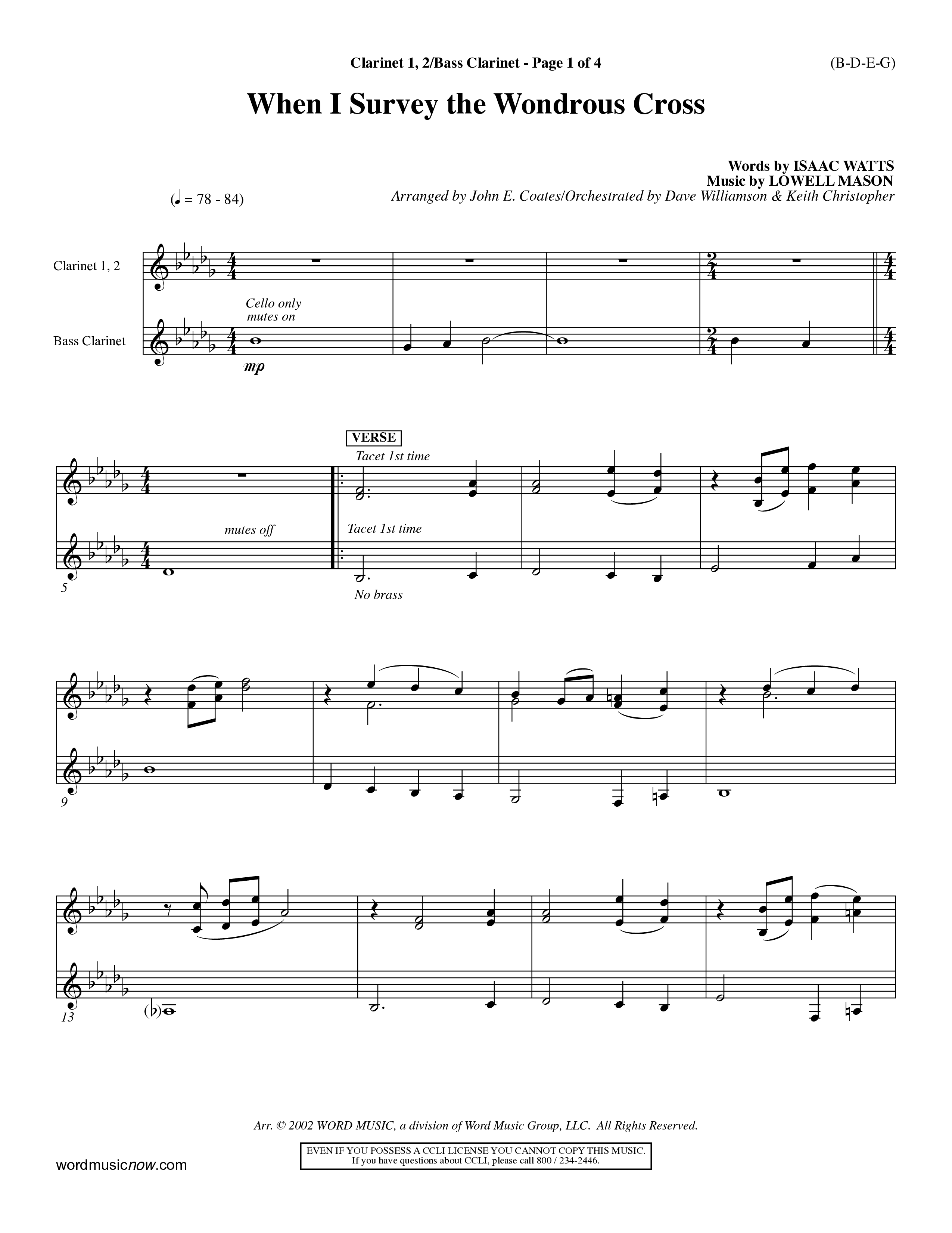 When I Survey The Wondrous Cross (Choral Anthem SATB) Clarinet 1/2, Bass Clarinet (Word Music Choral / Arr. John Coates / Orch. Dave Williamson / Orch. Keith Christopher)