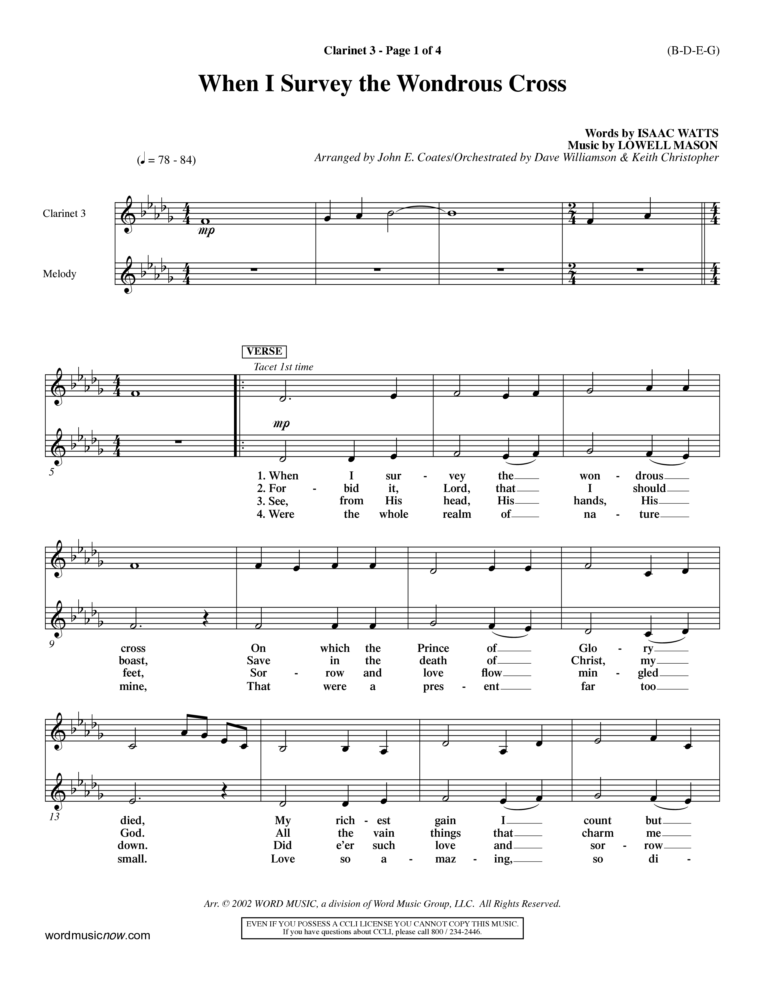 When I Survey The Wondrous Cross (Choral Anthem SATB) Clarinet 3 (Word Music Choral / Arr. John Coates / Orch. Dave Williamson / Orch. Keith Christopher)