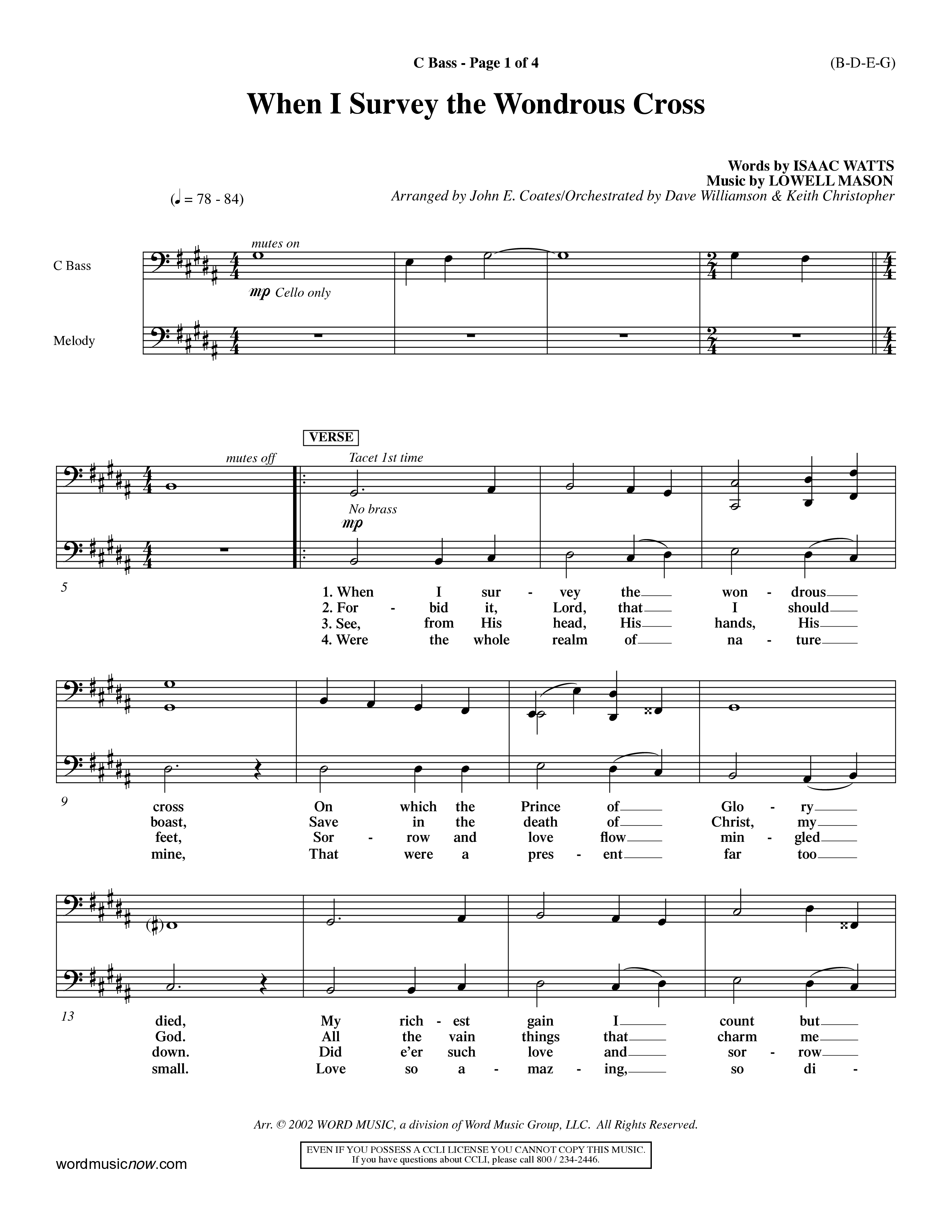 When I Survey The Wondrous Cross (Choral Anthem SATB) Contrabass (Word Music Choral / Arr. John Coates / Orch. Dave Williamson / Orch. Keith Christopher)