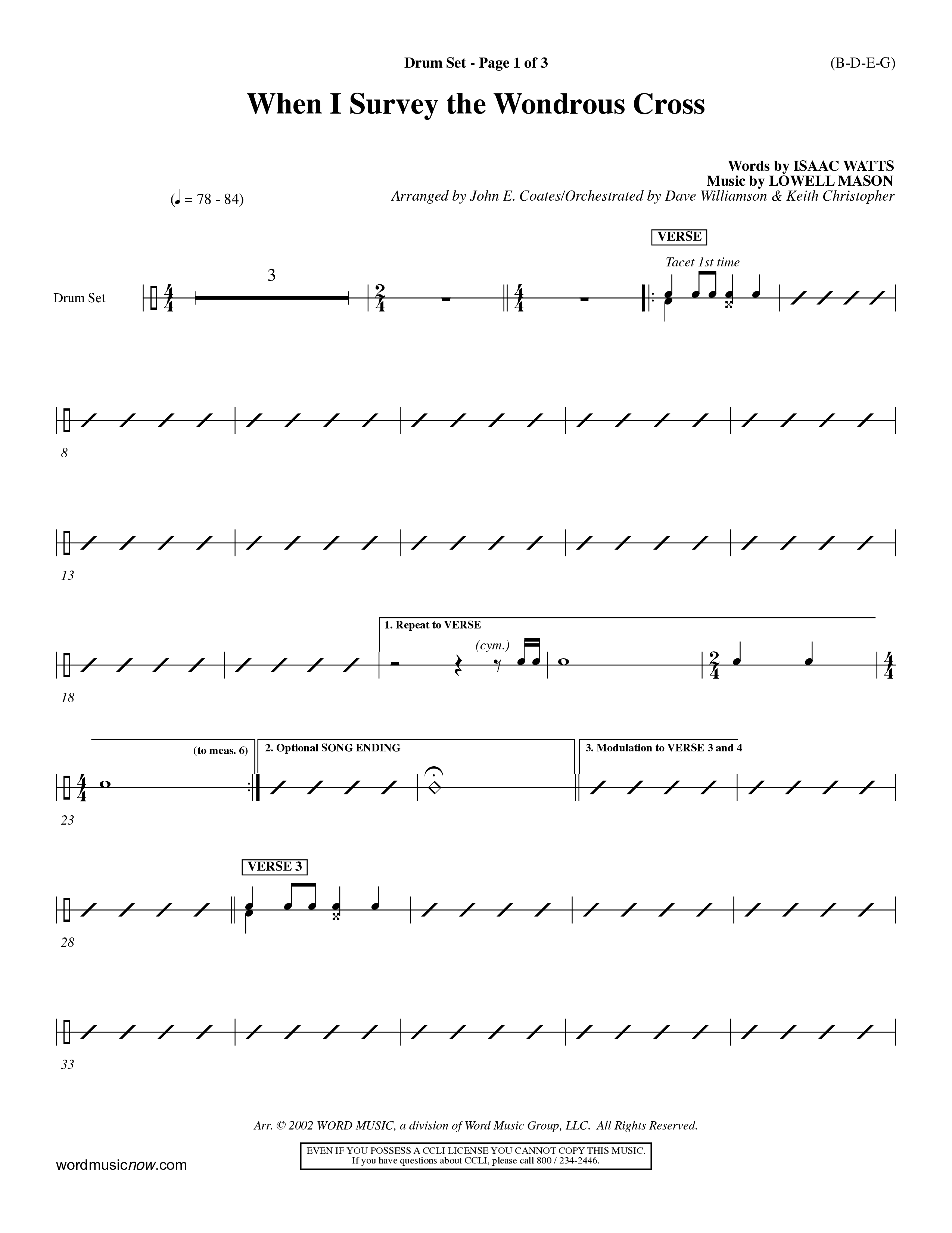 When I Survey The Wondrous Cross (Choral Anthem SATB) Drum Set (Word Music Choral / Arr. John Coates / Orch. Dave Williamson / Orch. Keith Christopher)
