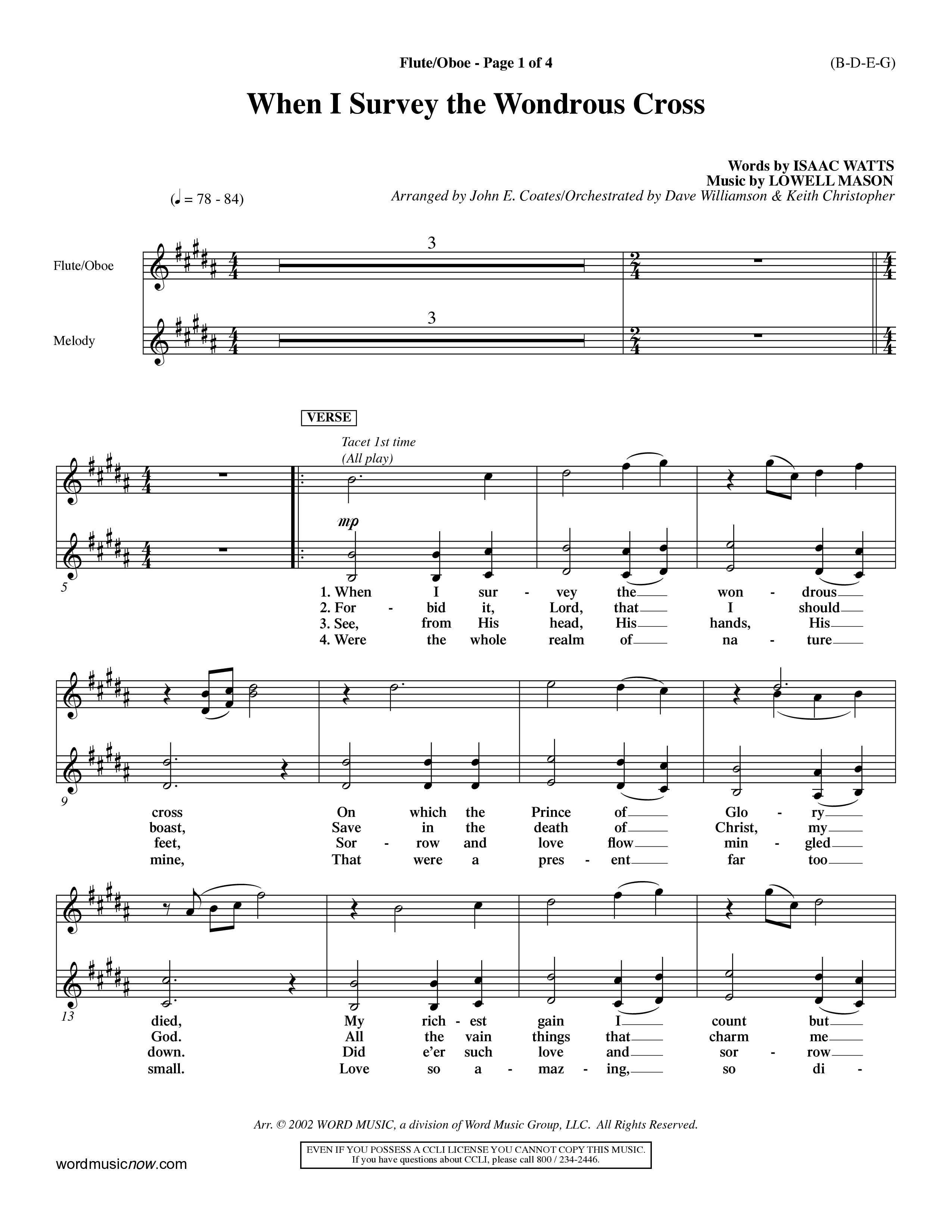 When I Survey The Wondrous Cross (Choral Anthem SATB) Flute/Oboe (Word Music Choral / Arr. John Coates / Orch. Dave Williamson / Orch. Keith Christopher)