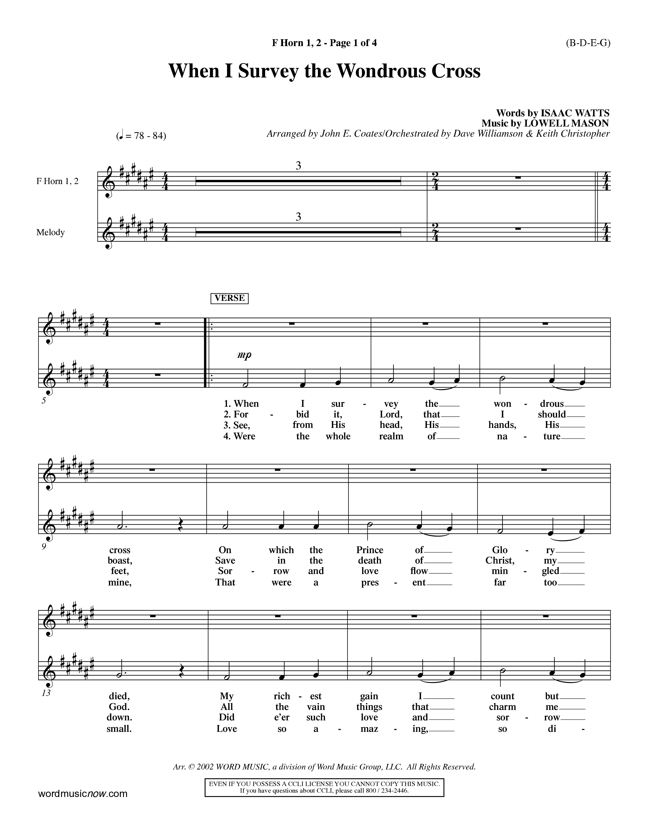 When I Survey The Wondrous Cross (Choral Anthem SATB) French Horn (Word Music Choral / Arr. John Coates / Orch. Dave Williamson / Orch. Keith Christopher)