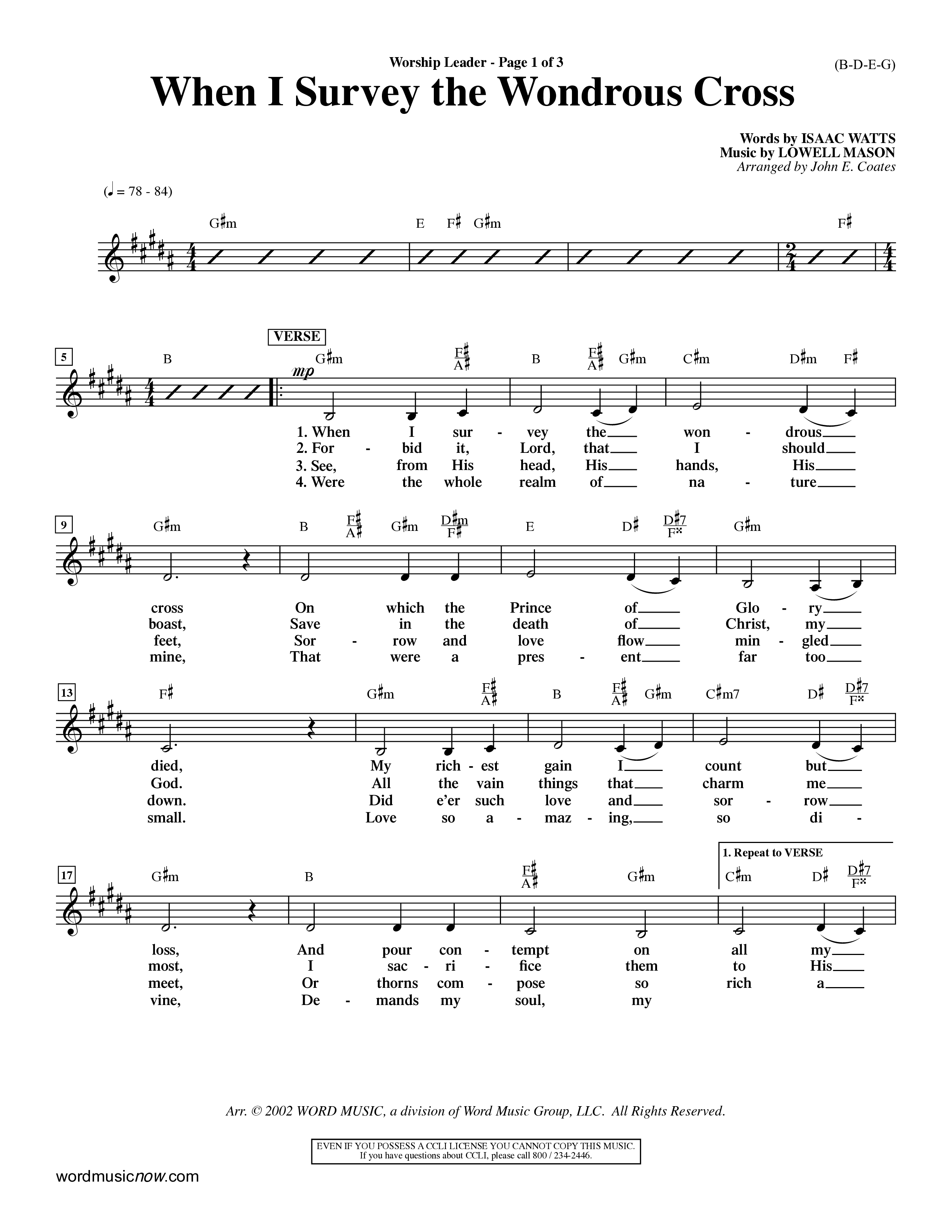 When I Survey The Wondrous Cross (Choral Anthem SATB) Lead Sheet (Mel) (Word Music Choral / Arr. John Coates / Orch. Dave Williamson / Orch. Keith Christopher)