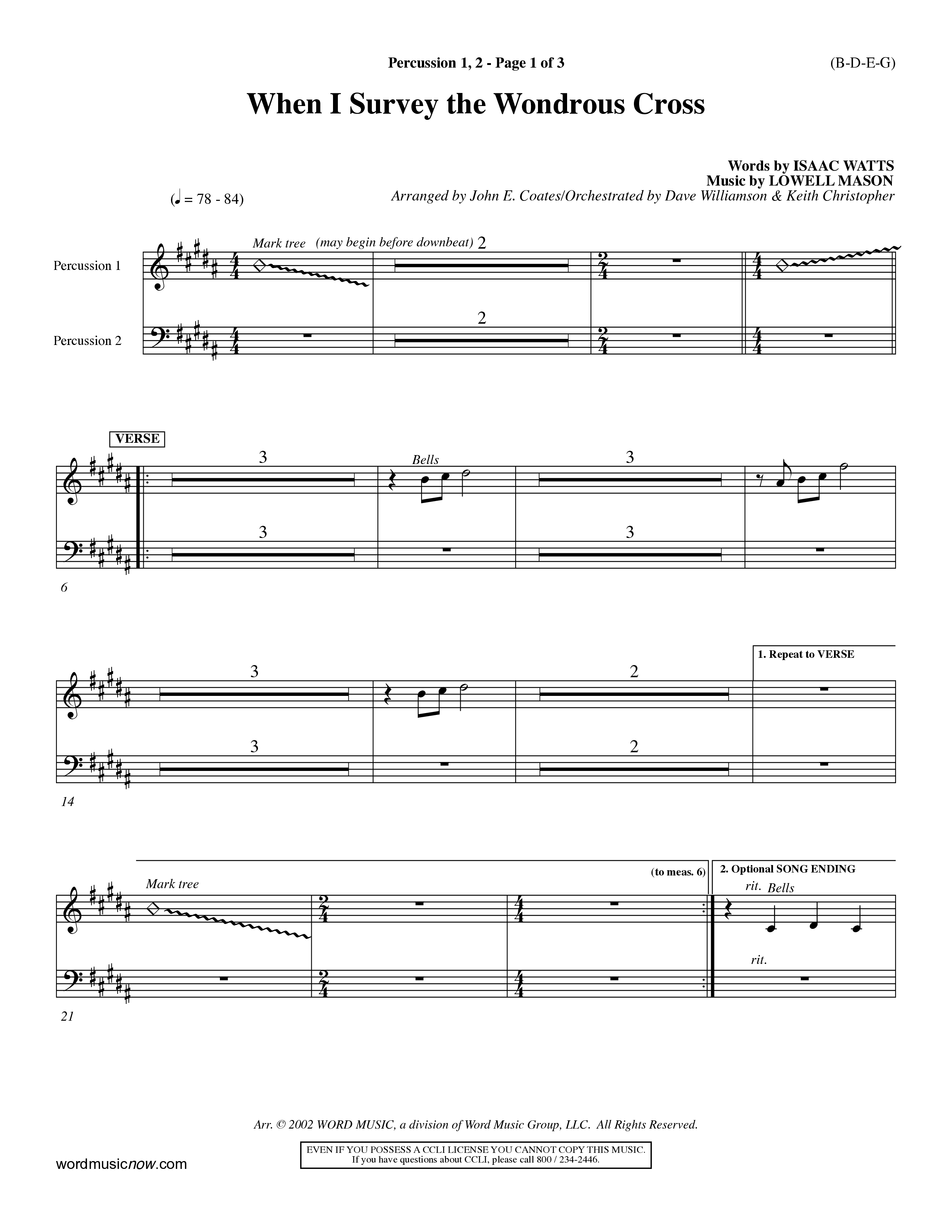 When I Survey The Wondrous Cross (Choral Anthem SATB) Percussion 1/2 (Word Music Choral / Arr. John Coates / Orch. Dave Williamson / Orch. Keith Christopher)